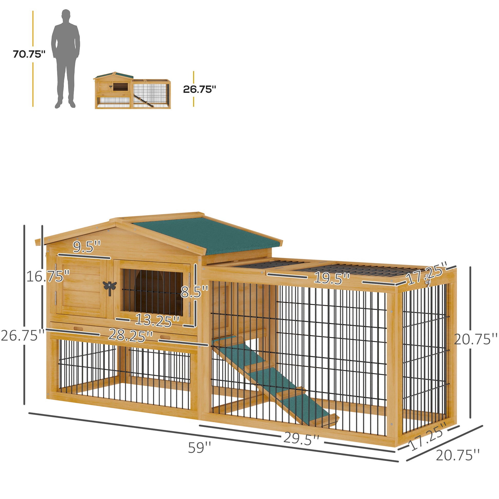 2 Levels Outdoor Rabbit Hutch With Openable Top, 59" Wooden Large Rabbit Cage With Run Weatherproof Roof, Removable Tray, Ramp, Yellow Yellow Wood