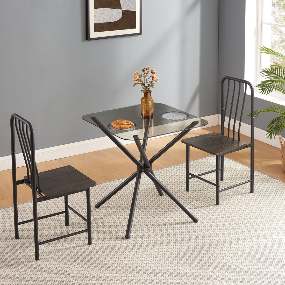 Dining Set For 2, Square Glass Tempered Dining Table With 4 Legs And 2 Metal Chair For Home Office Kitchen Dining Room, Black & Brown Antique Brown Glass Metal & Wood