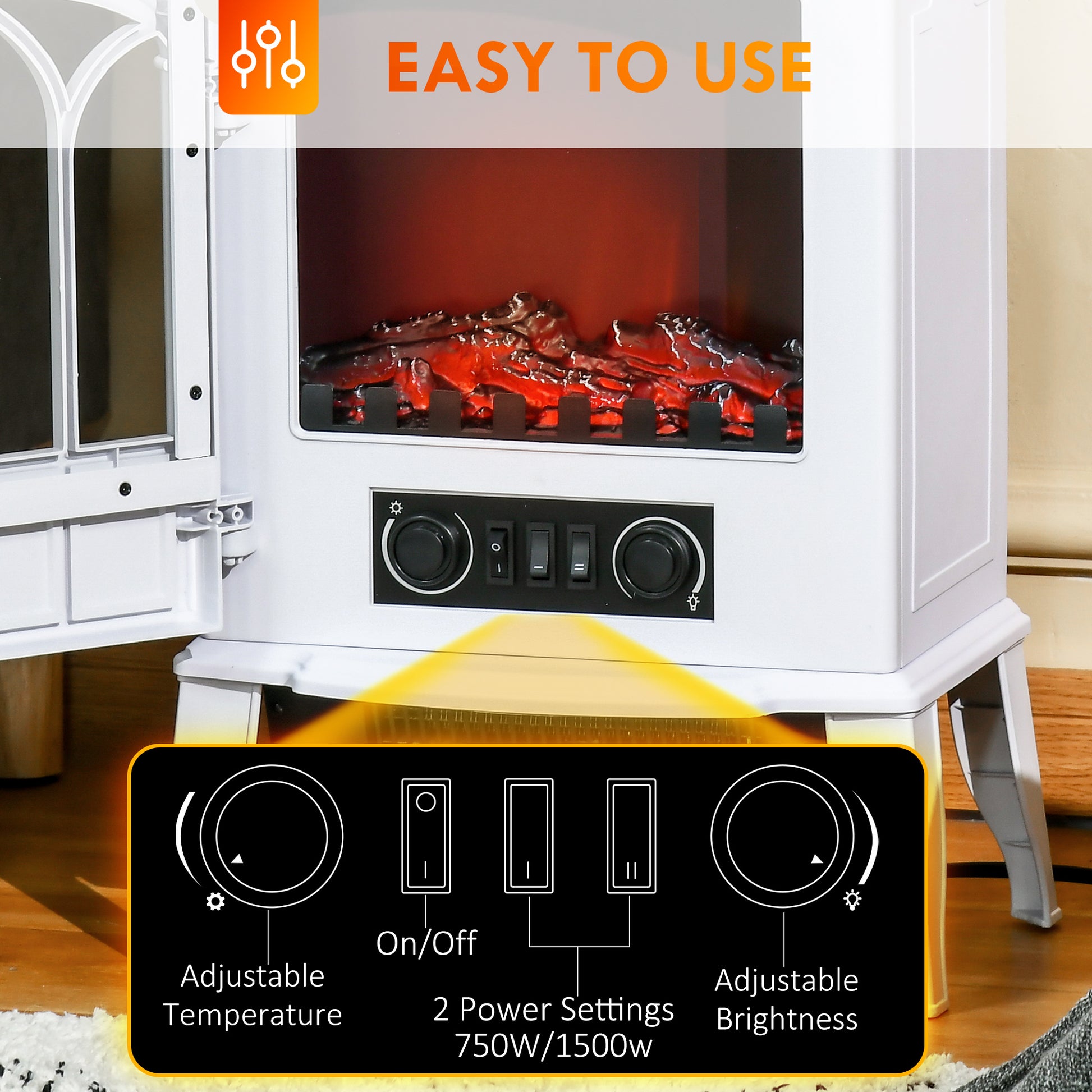 22" Electric Fireplace Stove, Freestanding Fire Place Heater With Realistic Logs And Led Flame, Adjustable Temperature, Overheat Protection, 750W 1500W, White White Tempered Glass