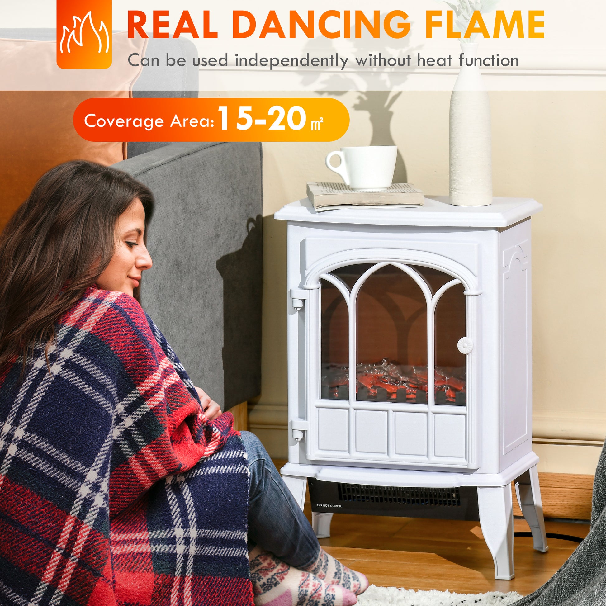 22" Electric Fireplace Stove, Freestanding Fire Place Heater With Realistic Logs And Led Flame, Adjustable Temperature, Overheat Protection, 750W 1500W, White White Tempered Glass