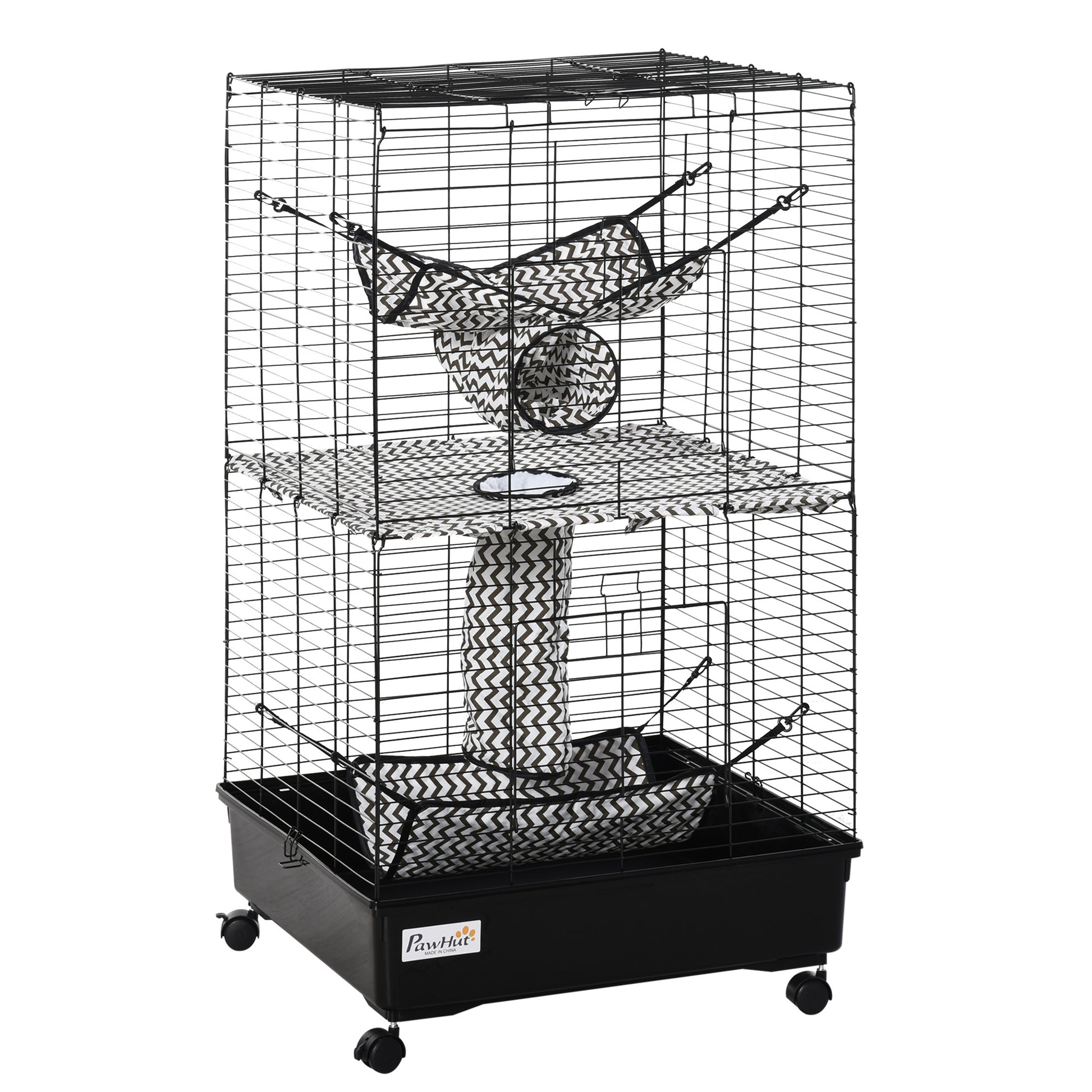 42" Ferret Cage W Wheels Brakes, Hammocks, Black Black Metal