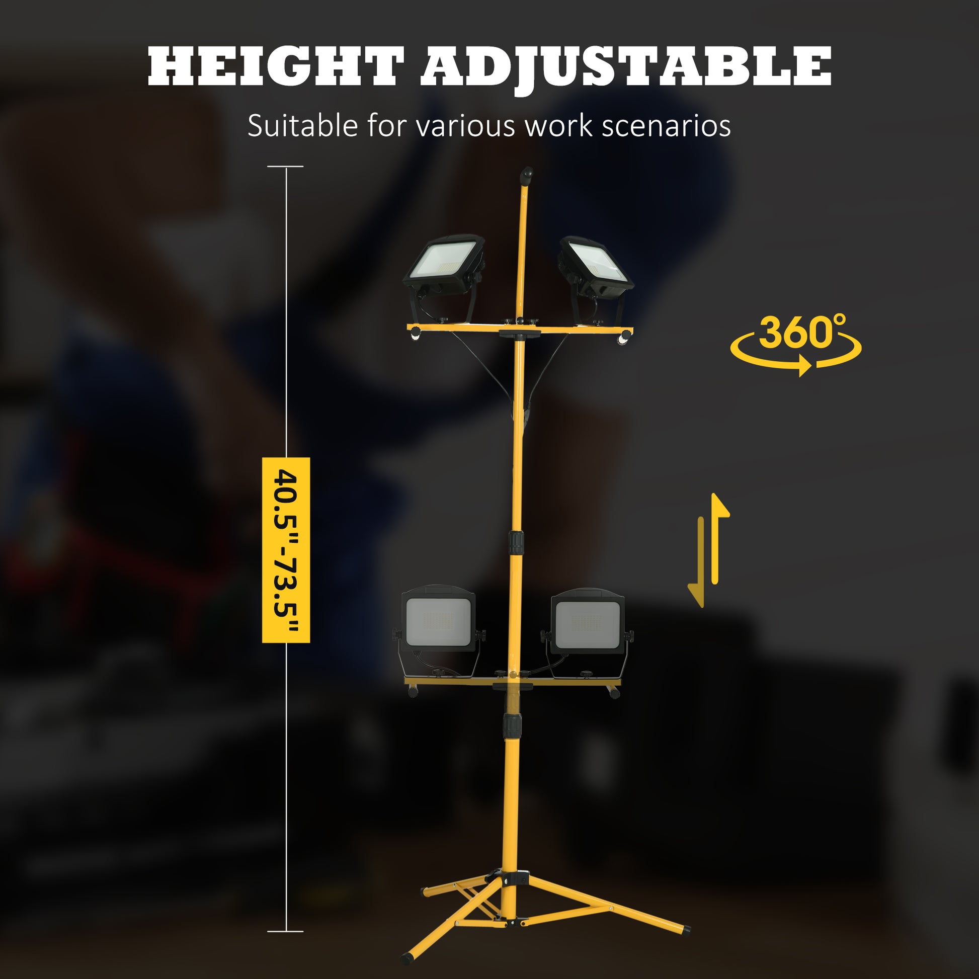 10,000 Lumen Dual Head Led Work Lights With Stand, Weather Resistant Daylight With Telescoping Adjustable Tripod Stand, Rotating Lamps Yellow Steel