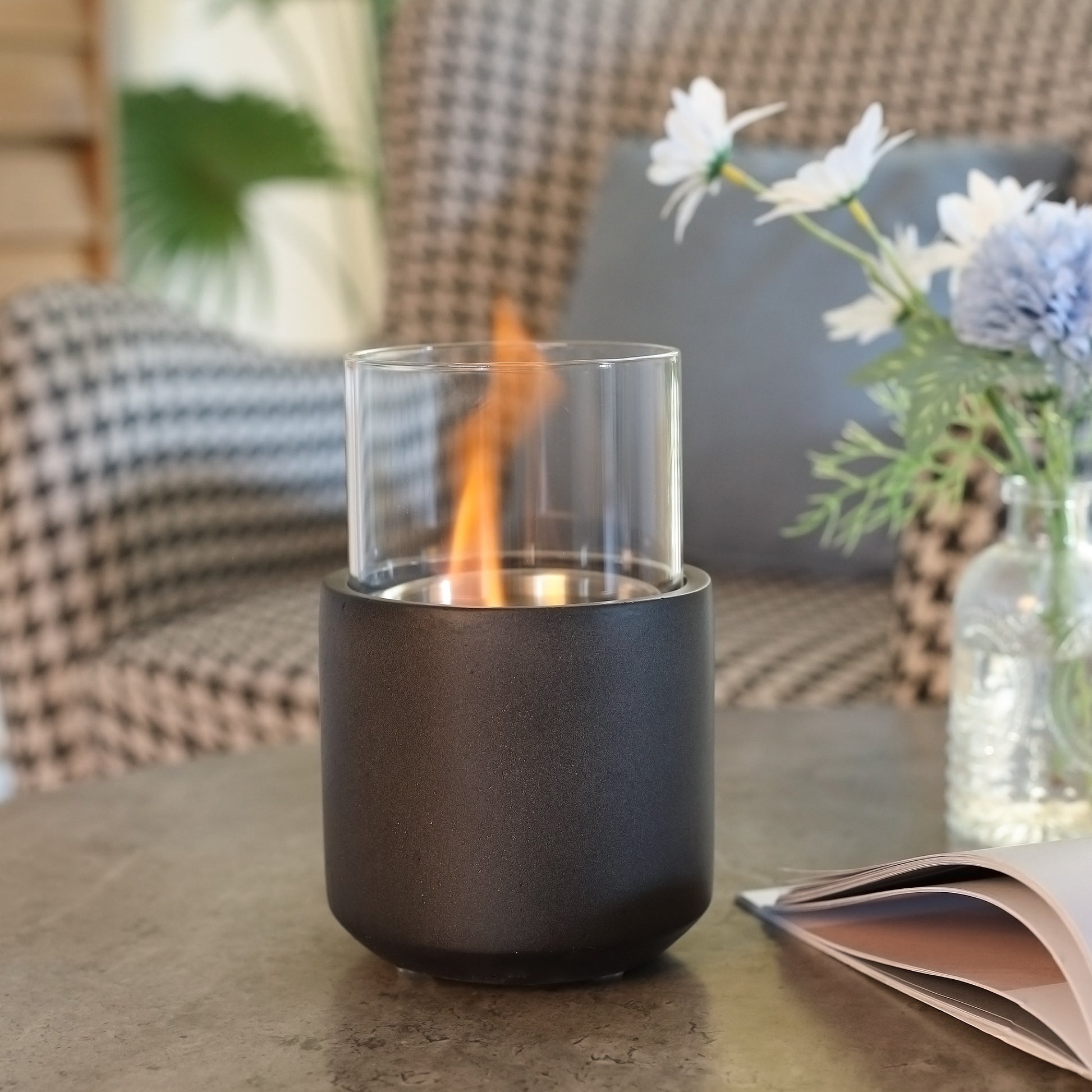 Tabletop Fireplace, Mini Concrete Ethanol Fire Bowl With Lid, Burns Up With Liquid Alcohol And Solid Tablet Alcohol, Dark Grey Dark Grey Stainless Steel
