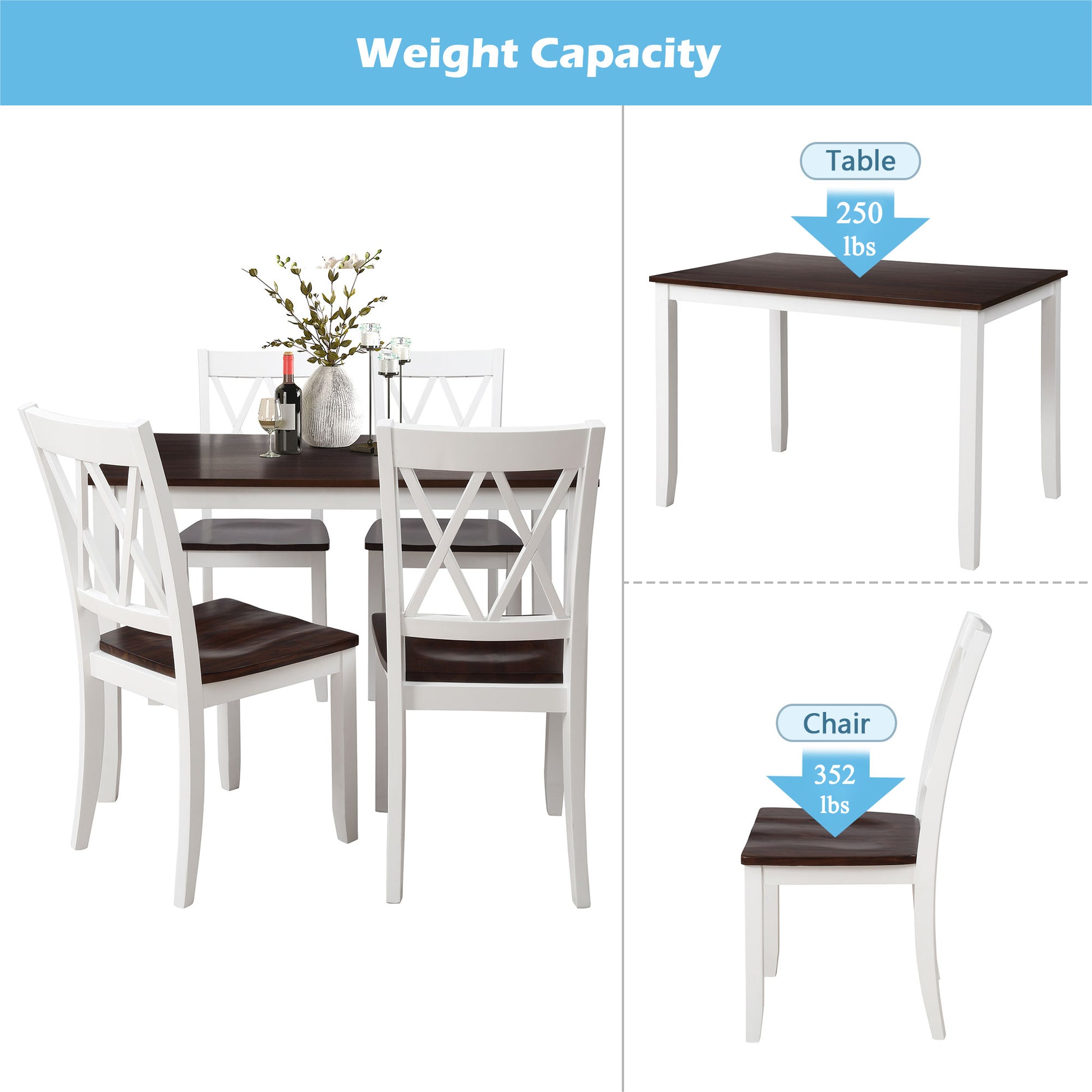 5 Piece Dining Table Set Home Kitchen Table And Chairs Wood Dining Set, White Cherry White Wood Dining Room Solid Wood Acacia Rectangular Dining Table With Chair Wood Wood White Slat Back Seats 4 Farmhouse 4 Leg Solid Wood