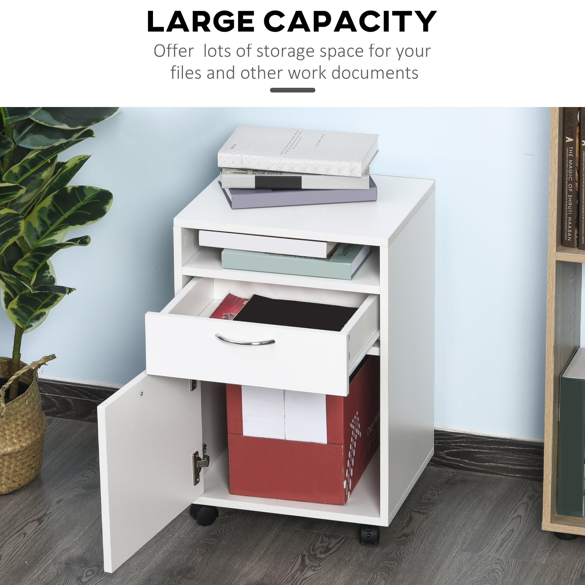 Mobile Storage Cabinet Organizer With Drawer And Cabinet, Printer Stand With Castors, White White Mdf