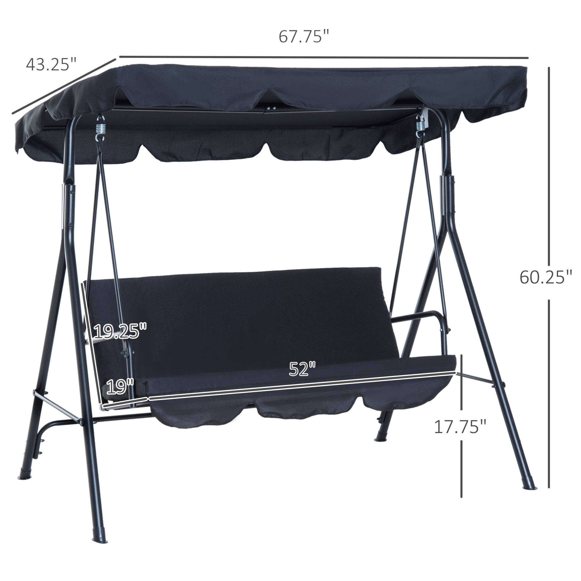 3 Seat Outdoor Patio Swing Chair With Removable Cushion, Steel Frame Stand And Adjustable Tilt Canopy For Patio, Garden, Poolside, Balcony, Backyard, Black Black Steel