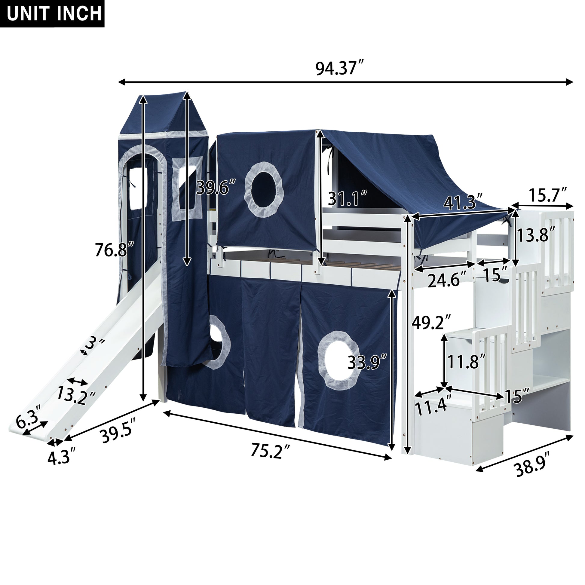 Twin Size Loft Bed With Tent And Tower Blue Blue Solid Wood