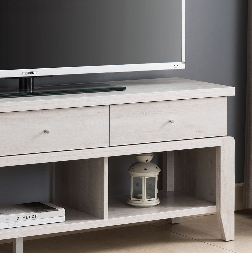 Modern Tv Stand With Three Open Shelves And Three Drawers White White Oak 60 69 Inches Particle Board