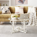 Glass Coffee Table With Sturdy Iron Leaf Shape Base, Leisure Cocktail Table With Tempered Glass Top For Living Room, Dining Room White White Glass Metal