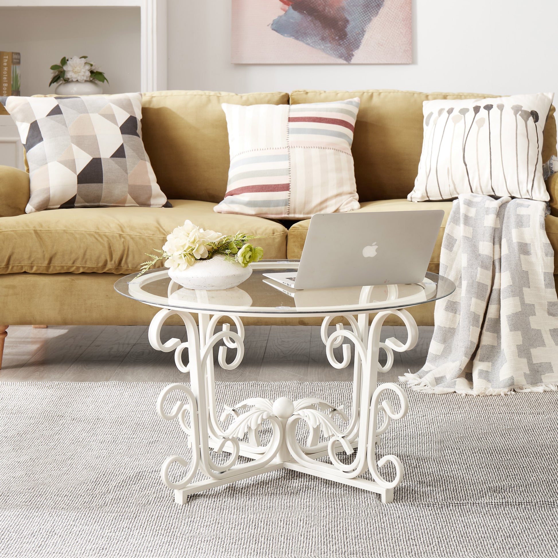Glass Coffee Table With Sturdy Iron Leaf Shape Base, Leisure Cocktail Table With Tempered Glass Top For Living Room, Dining Room White White Glass Metal
