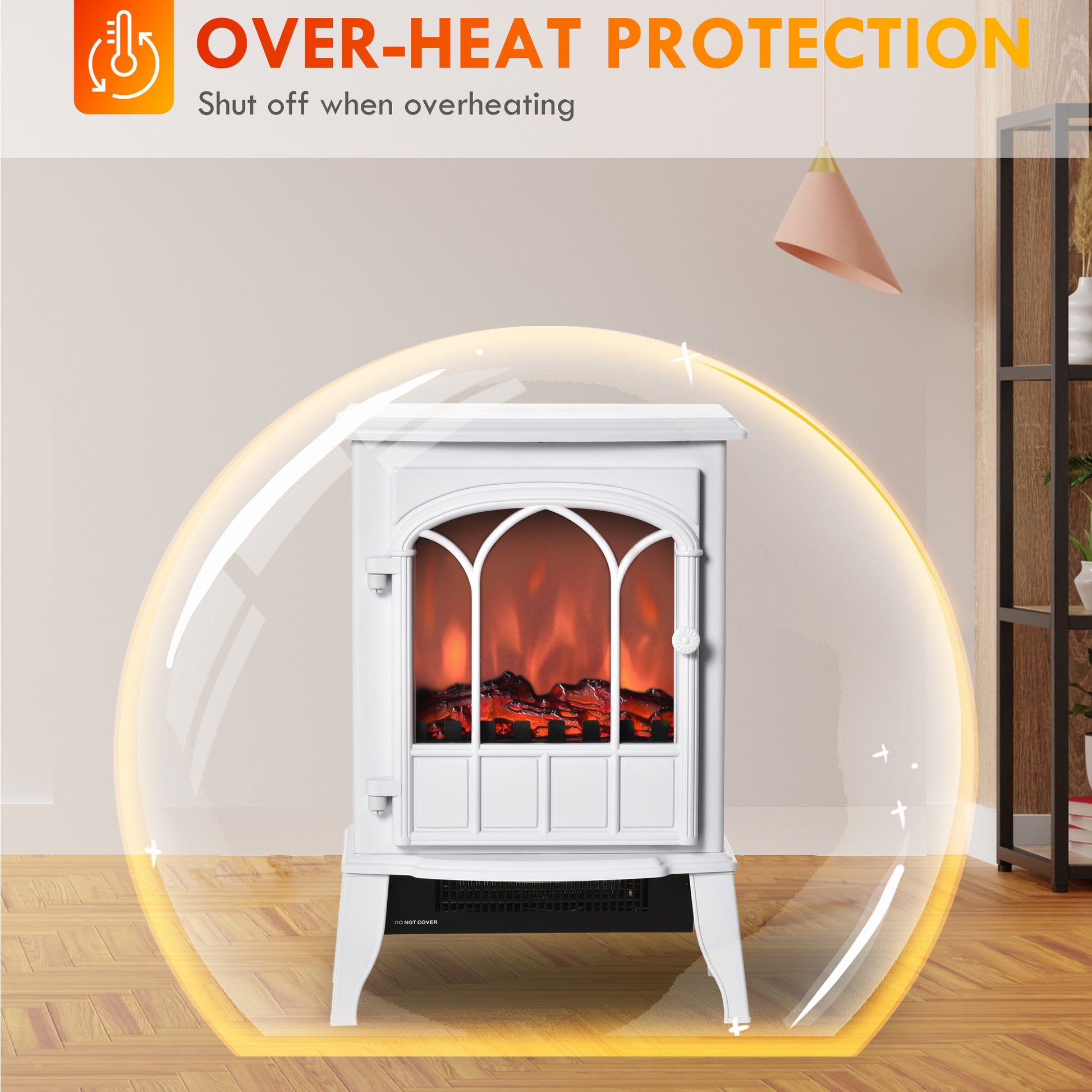 22" Electric Fireplace Stove, Freestanding Fire Place Heater With Realistic Logs And Led Flame, Adjustable Temperature, Overheat Protection, 750W 1500W, White White Tempered Glass