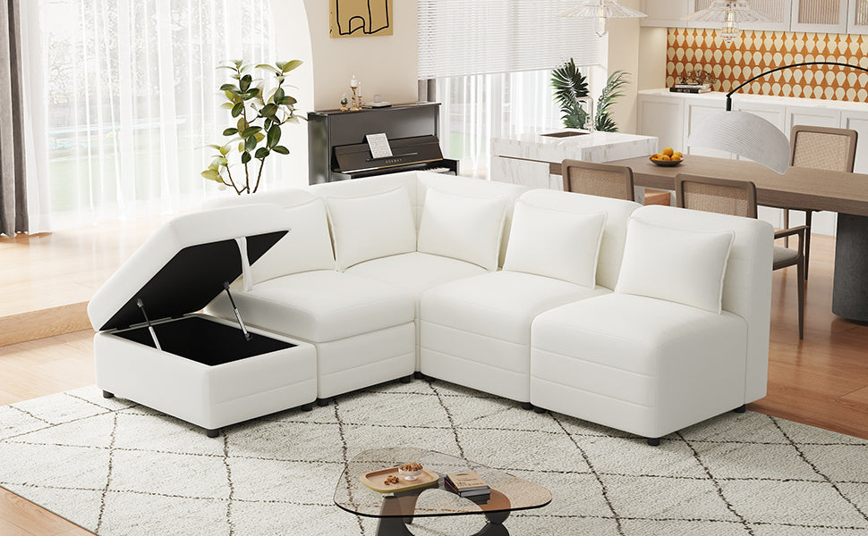 Free Combined Sectional Sofa 5 Seater Modular Couches With Storage Ottoman, 5 Pillows For Living Room, Bedroom, Office, Cream Cream Foam Chenille