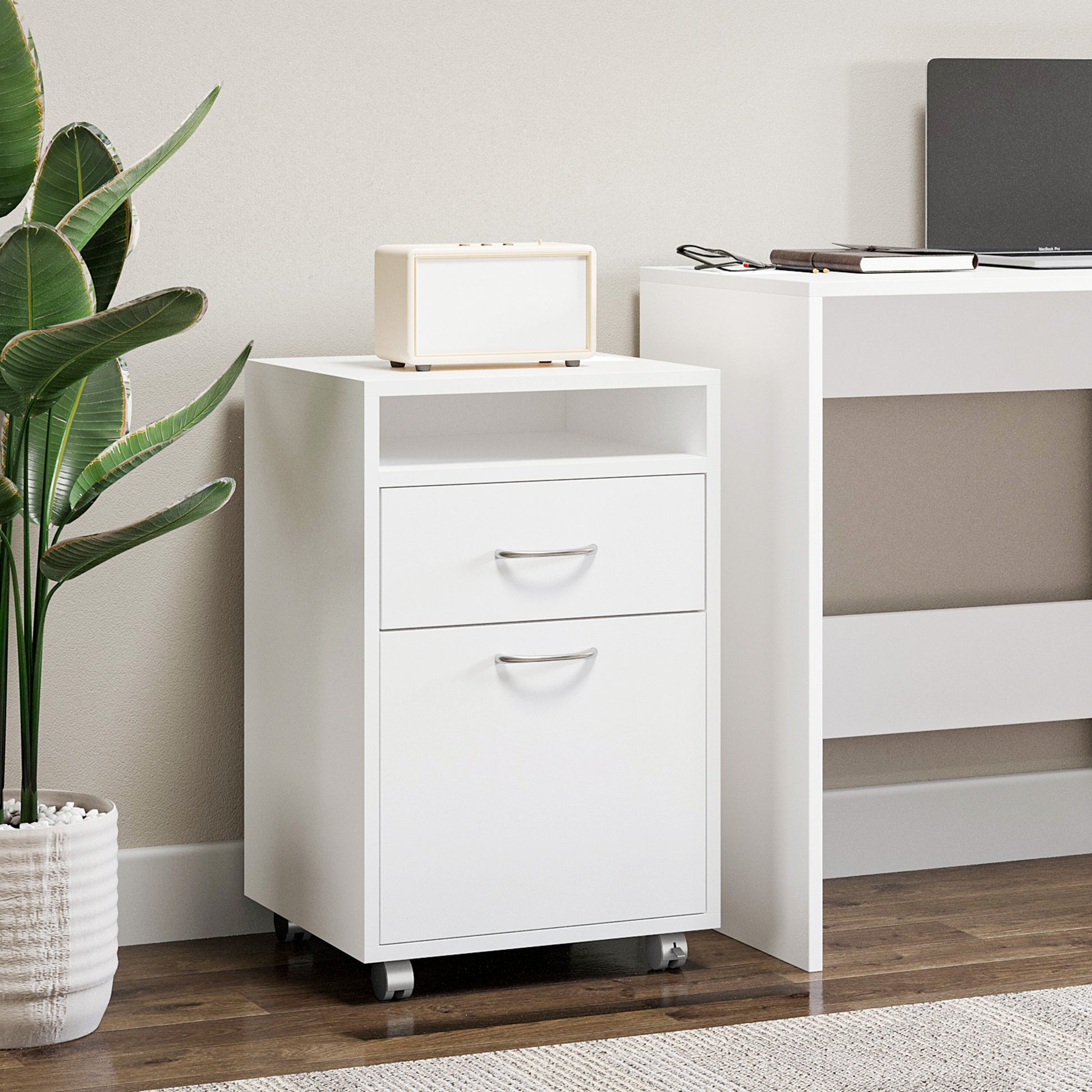 Mobile Storage Cabinet Organizer With Drawer And Cabinet, Printer Stand With Castors, White White Mdf