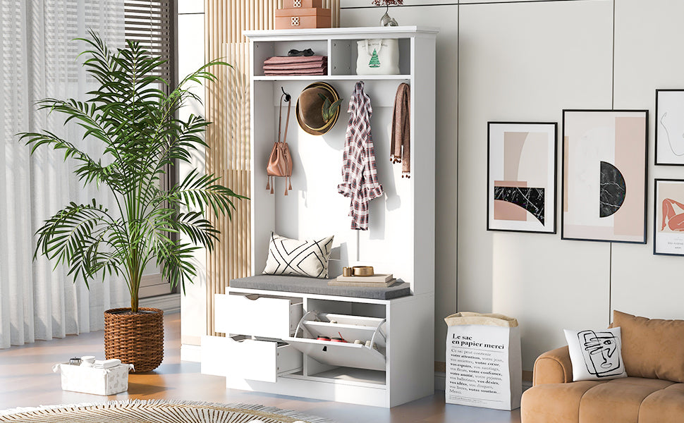 In Entryway Bench With Coat Rack, Cushion And Sturdy Hooks,