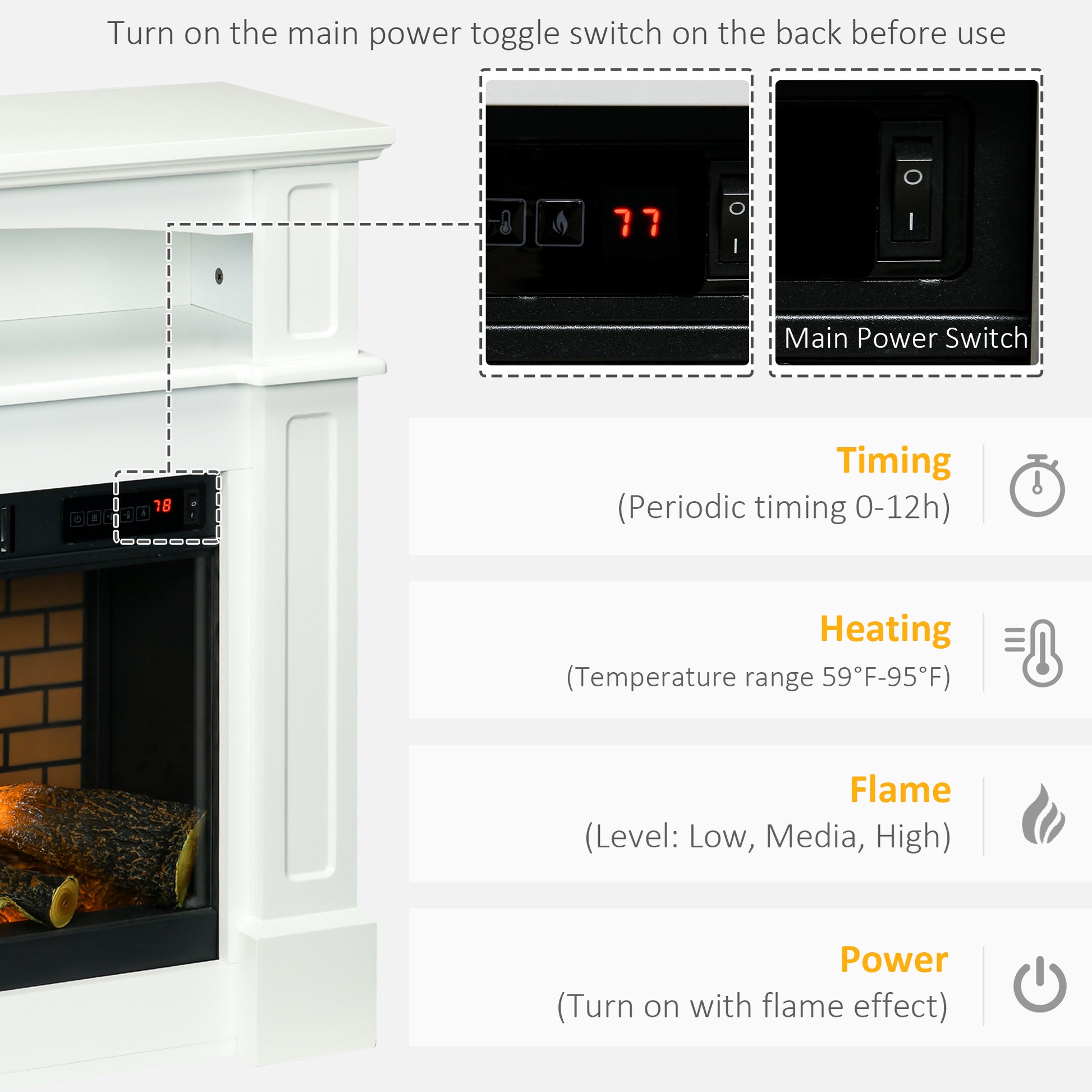 32" Electric Fireplace With Mantel, Freestanding Heater With Led Log Flame, Shelf And Remote Control, 700W 1400W, White White Steel