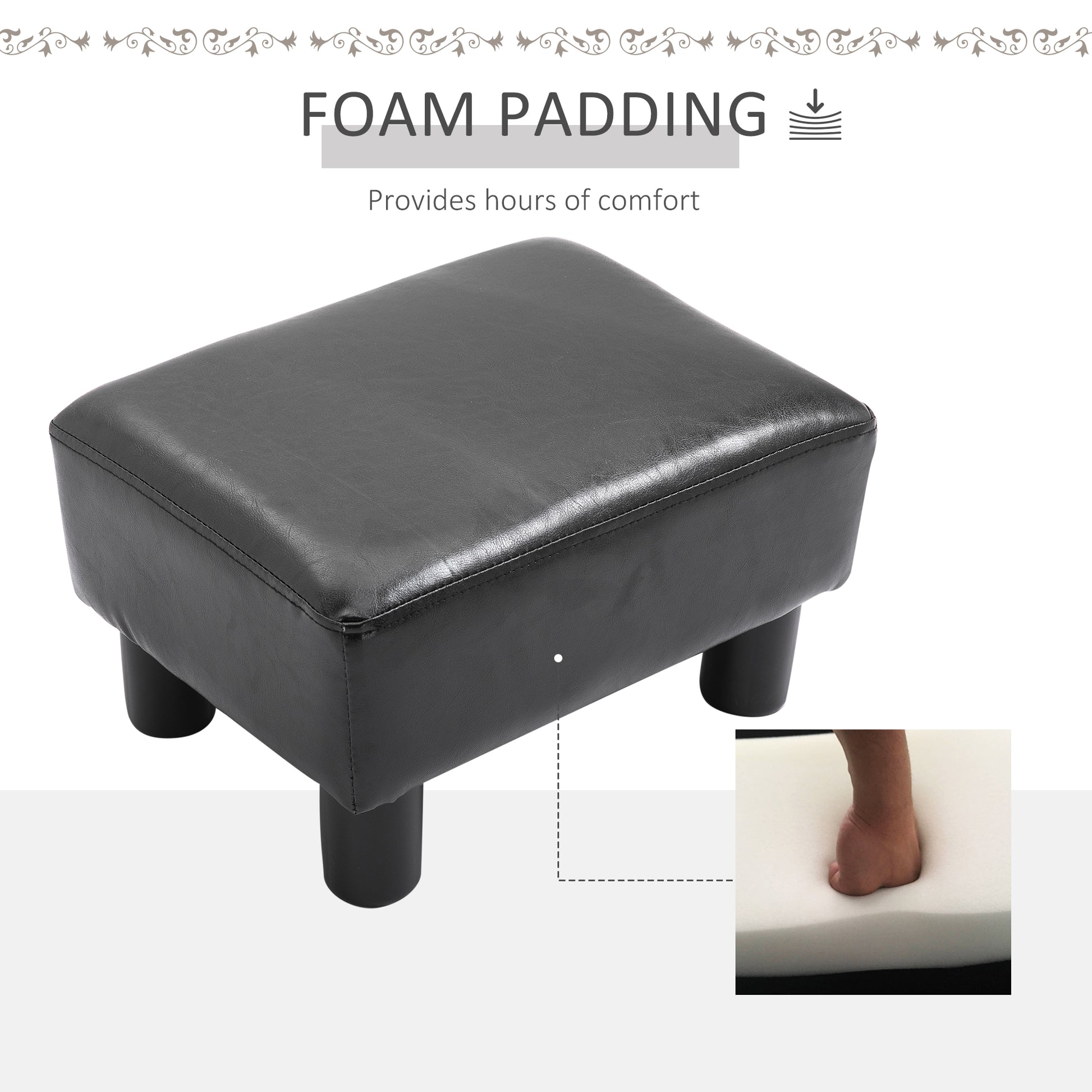 Ottoman Foot Rest, Small Foot Stool With Faux Leather Upholstery, Rectangular Ottoman Footrest With Padded Foam Seat And Plastic Legs, Bright Black Black Faux Leather