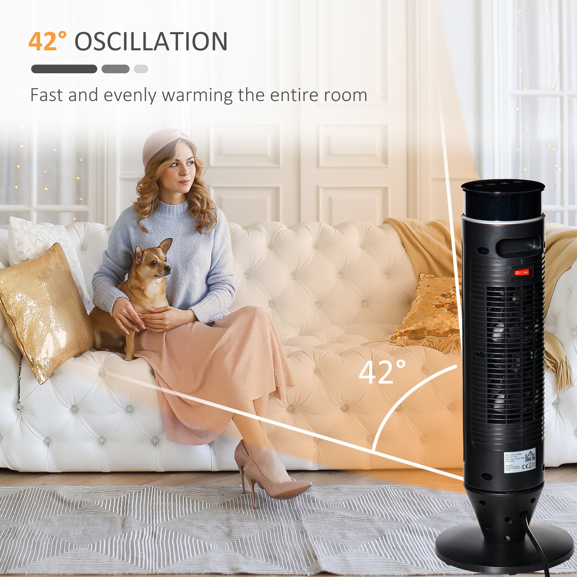 2 In 1 Tower Heater, Indoor Electric Space Heater With Oscillation, Remote Control, 8H Timer, Three Heating Modes High, Low, Fan , 750W 1500W Black Plastic
