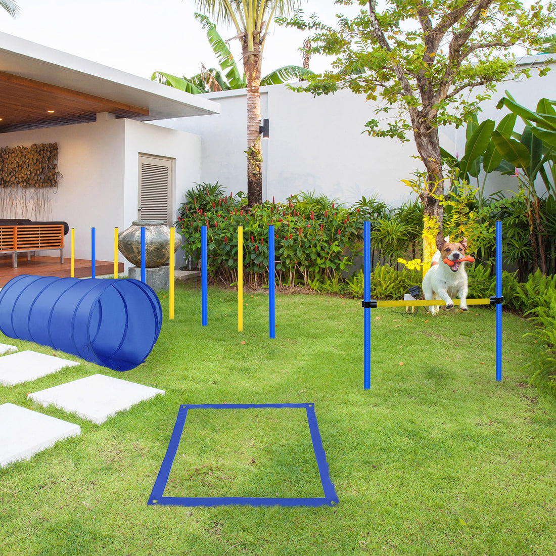 4Pc Obstacle Dog Agility Training Course With Jump Hurdle, Tunnel, Pause Box, Weave Poles And Carrying Bag, Backyard Competitive Equipment Blue Yellow Blue Polyester