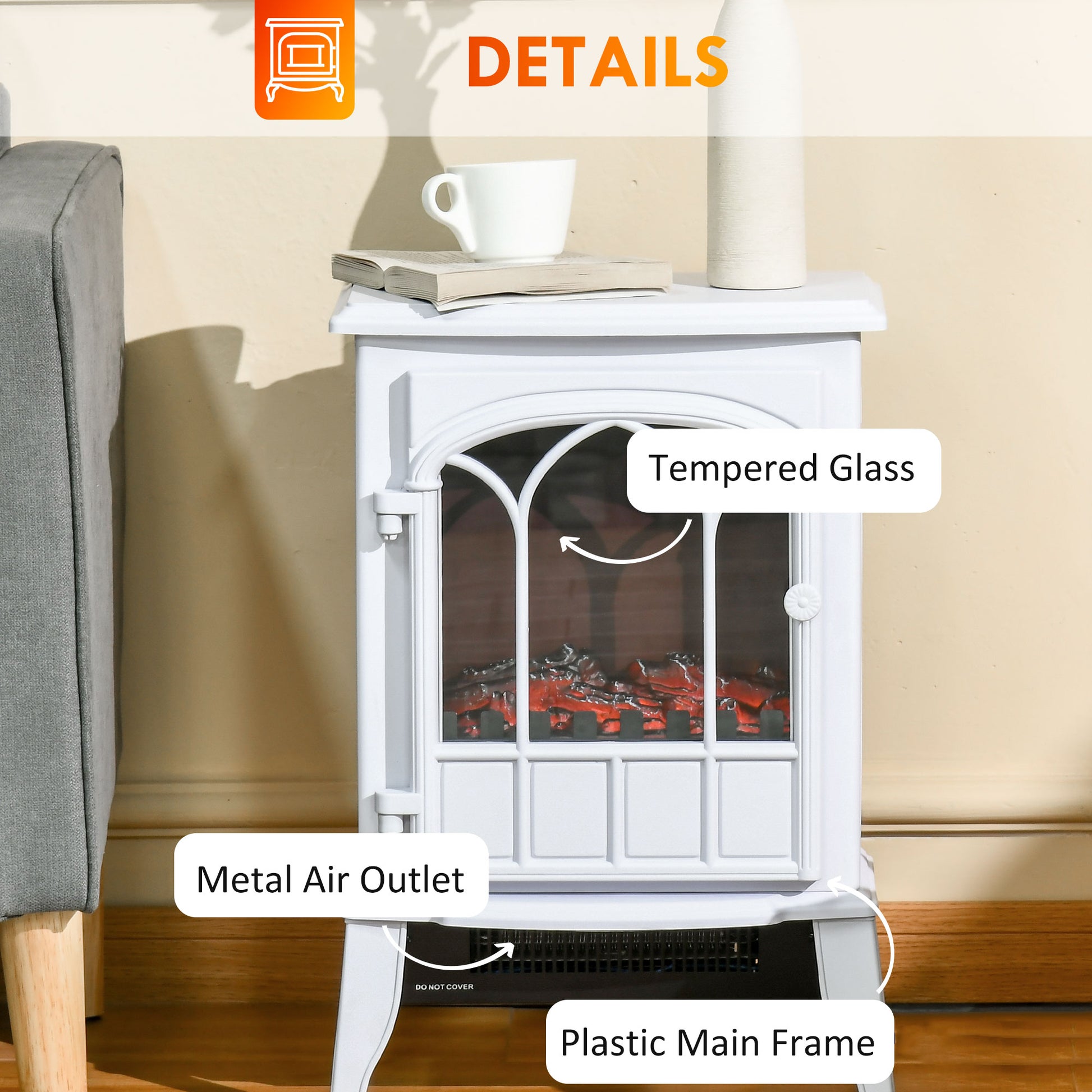 22" Electric Fireplace Stove, Freestanding Fire Place Heater With Realistic Logs And Led Flame, Adjustable Temperature, Overheat Protection, 750W 1500W, White White Tempered Glass