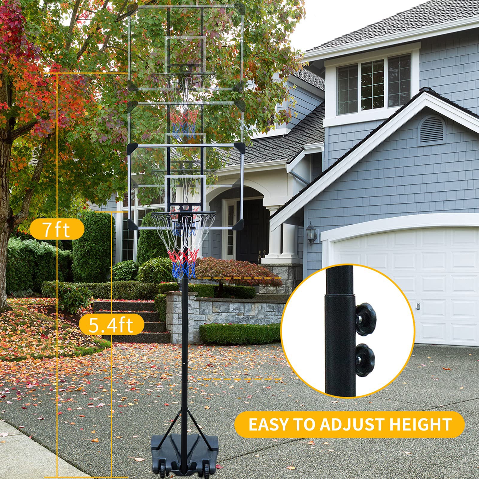 Basketball Hoop Portable Basketball Goal For Indoor Outdoor Basketball Stand 5.6 7 Ft Adjustable 32 In Backboard With Wheels Balls Sports Black White Wear Resistant Gym Pc