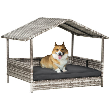 Wicker Dog House Outdoor With Canopy, Rattan Dog Bed With Water Resistant Cushion, For Small And Medium Dogs, Cream White Pe Rattan Iron Waterproof Fabric