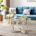 Glass Coffee Table With Sturdy Iron Leaf Shape Base, Leisure Cocktail Table With Tempered Glass Top For Living Room, Dining Room White White Glass Metal
