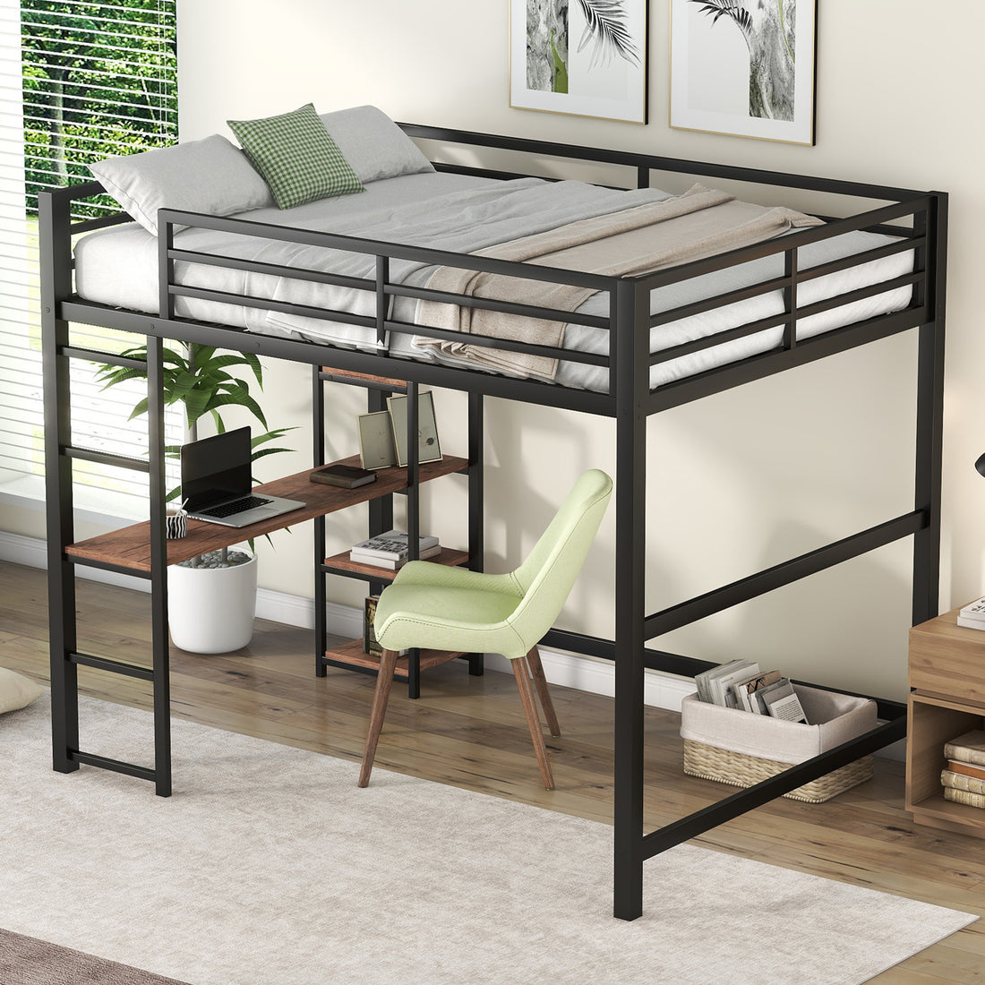 Full Size Metal Loft Bed With Built In Desk And Storage Shelves, Black Black Metal & Wood