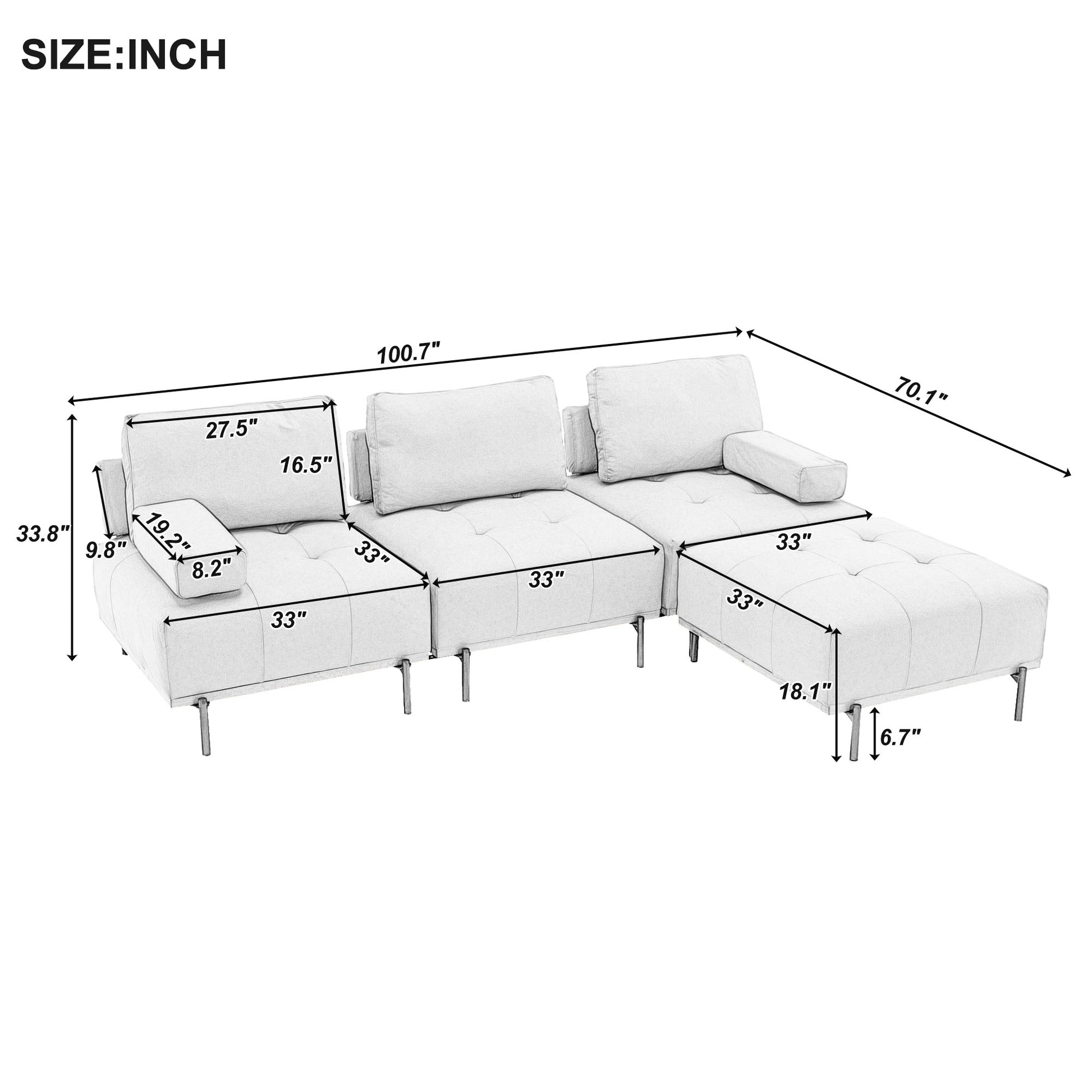 100.7'' L Shape Sectional Sofa 3 Seater Couches With A Removable Ottoman, Comfortable Fabric For Living Room, Apartment, Beige Beige Foam Palomino Fabric 4 Seat