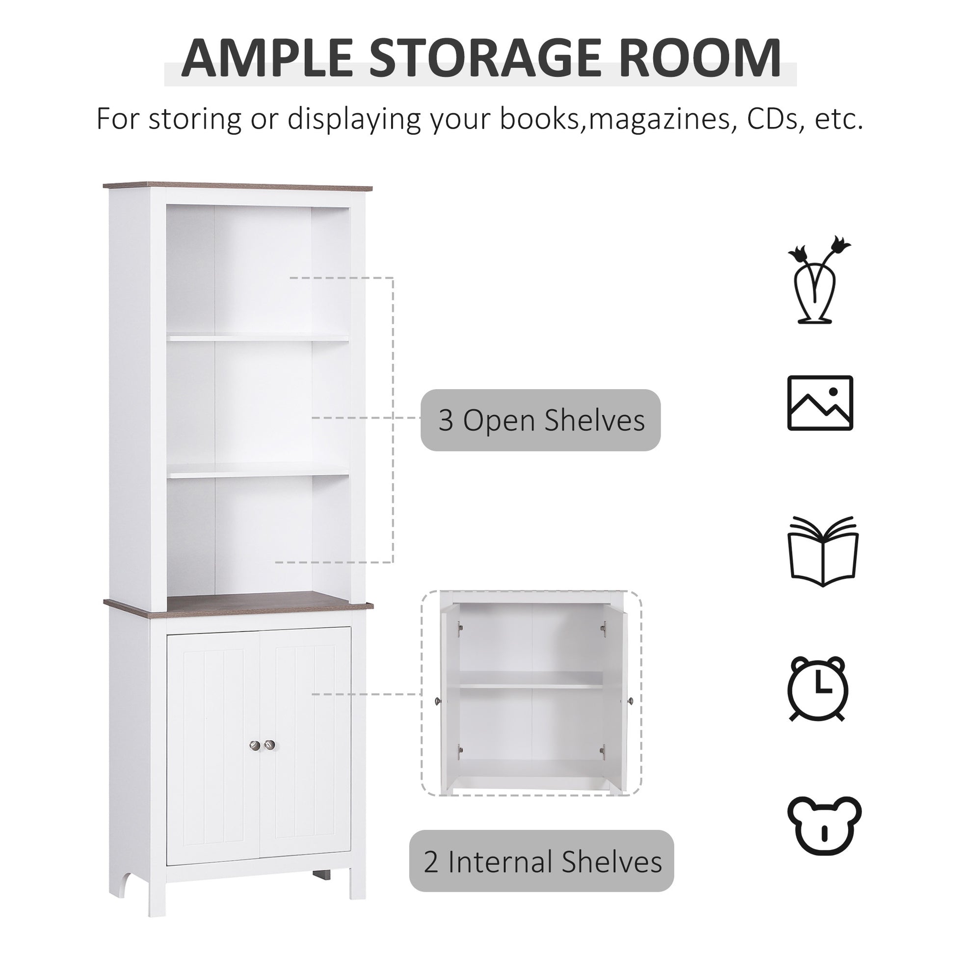 69'' Freestanding Storage Cabinet, Bathroom Linen Tower, Kitchen Cupboard, Buffet Cabinet, Bookcase With Double Door 3 Tier Shelf For Home Office, White White Engineered Wood