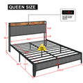 Queen Size Bed Frame With Charging Station, Upholstered Headboard, Metal Platform, Grey Box Spring Not Required Queen Dark Gray Metal Bedroom Bed Frame Upholstered Linen Metal