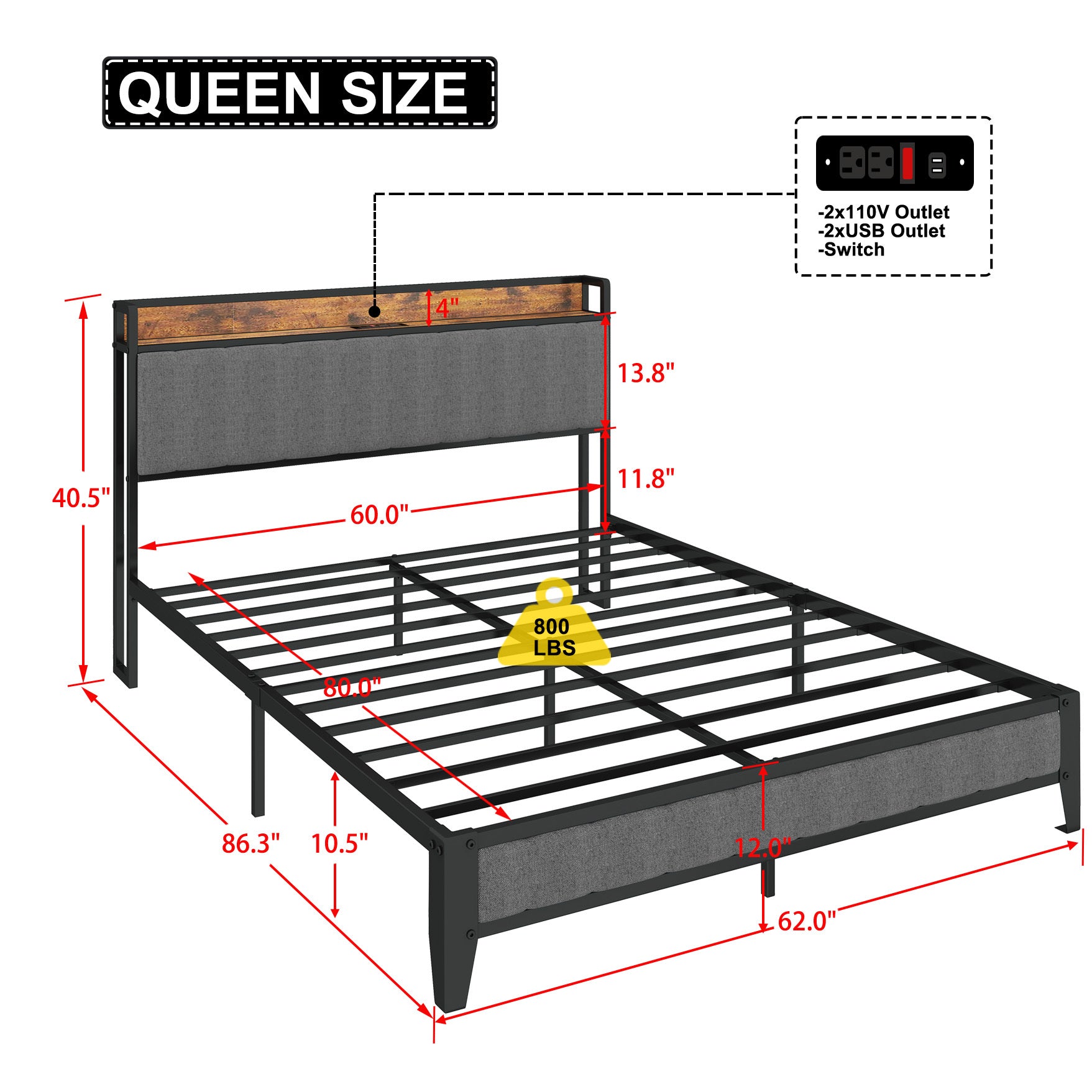 Queen Size Bed Frame With Charging Station, Upholstered Headboard, Metal Platform, Grey Box Spring Not Required Queen Dark Gray Metal Bedroom Bed Frame Upholstered Linen Metal