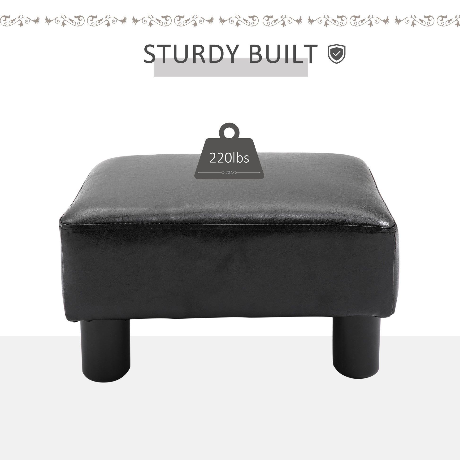 Ottoman Foot Rest, Small Foot Stool With Faux Leather Upholstery, Rectangular Ottoman Footrest With Padded Foam Seat And Plastic Legs, Bright Black Black Faux Leather
