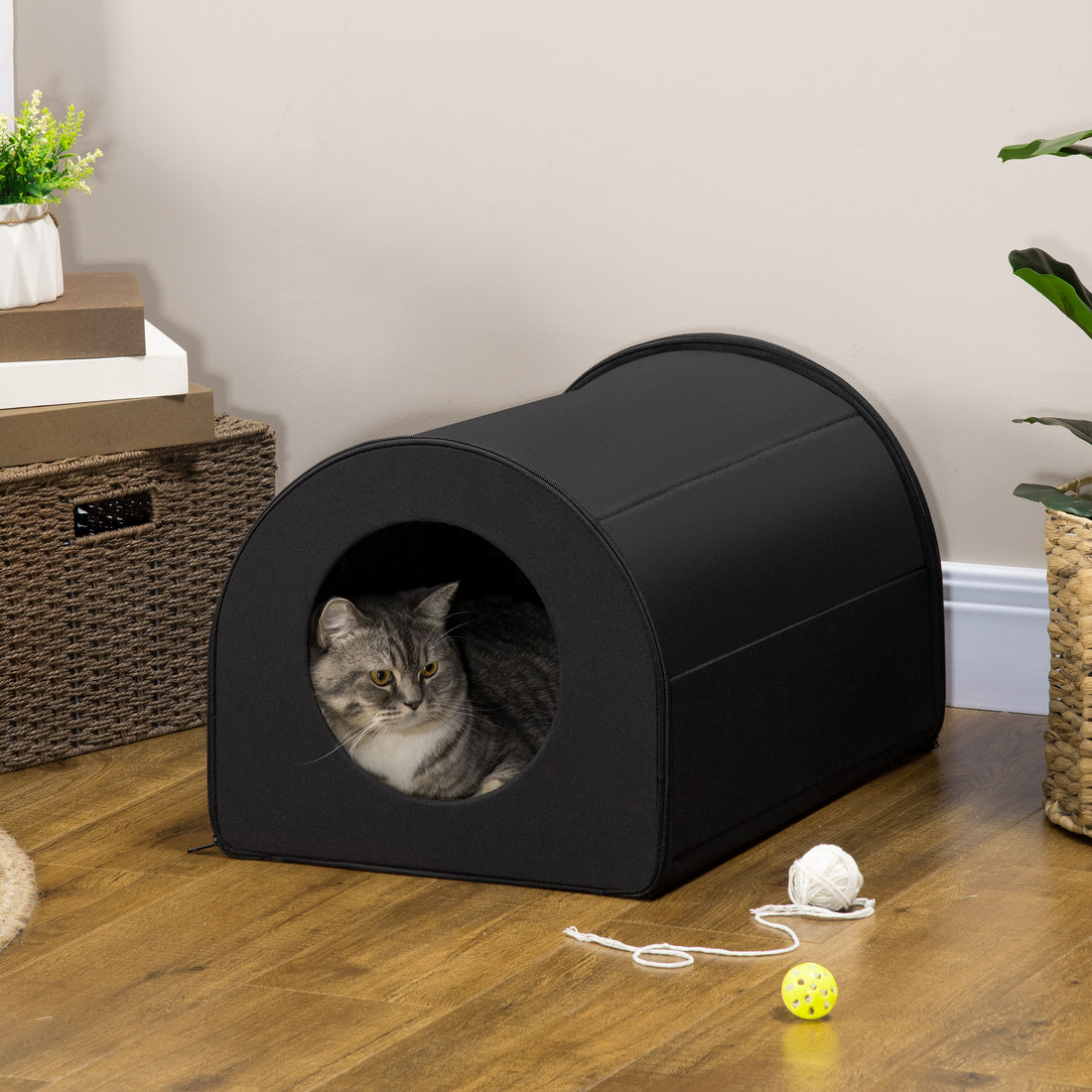 Dome Heated Cat House Portable And Waterproof Pet Shelter For Kitty In Winter, Black Black Oxford Fabric