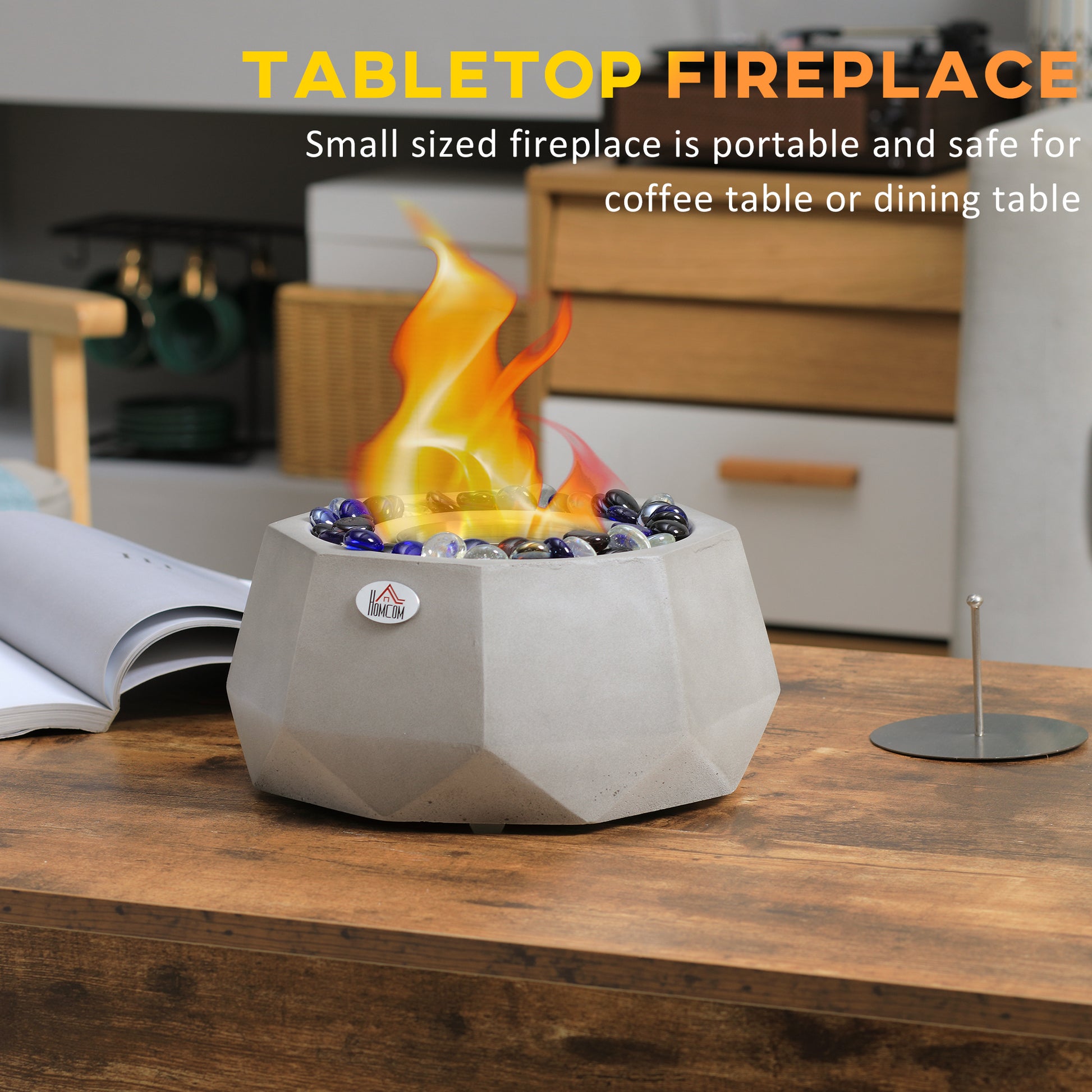 Concrete Tabletop Fireplace, 9" Portable Alcohol Fireplace With Lid For Indoor And Outdoor, 0.1 Gal Max 215 Sq. Ft., Burns Up With Liquid Alcohol And Solid Alcohol, Light Grey Light Grey Concrete