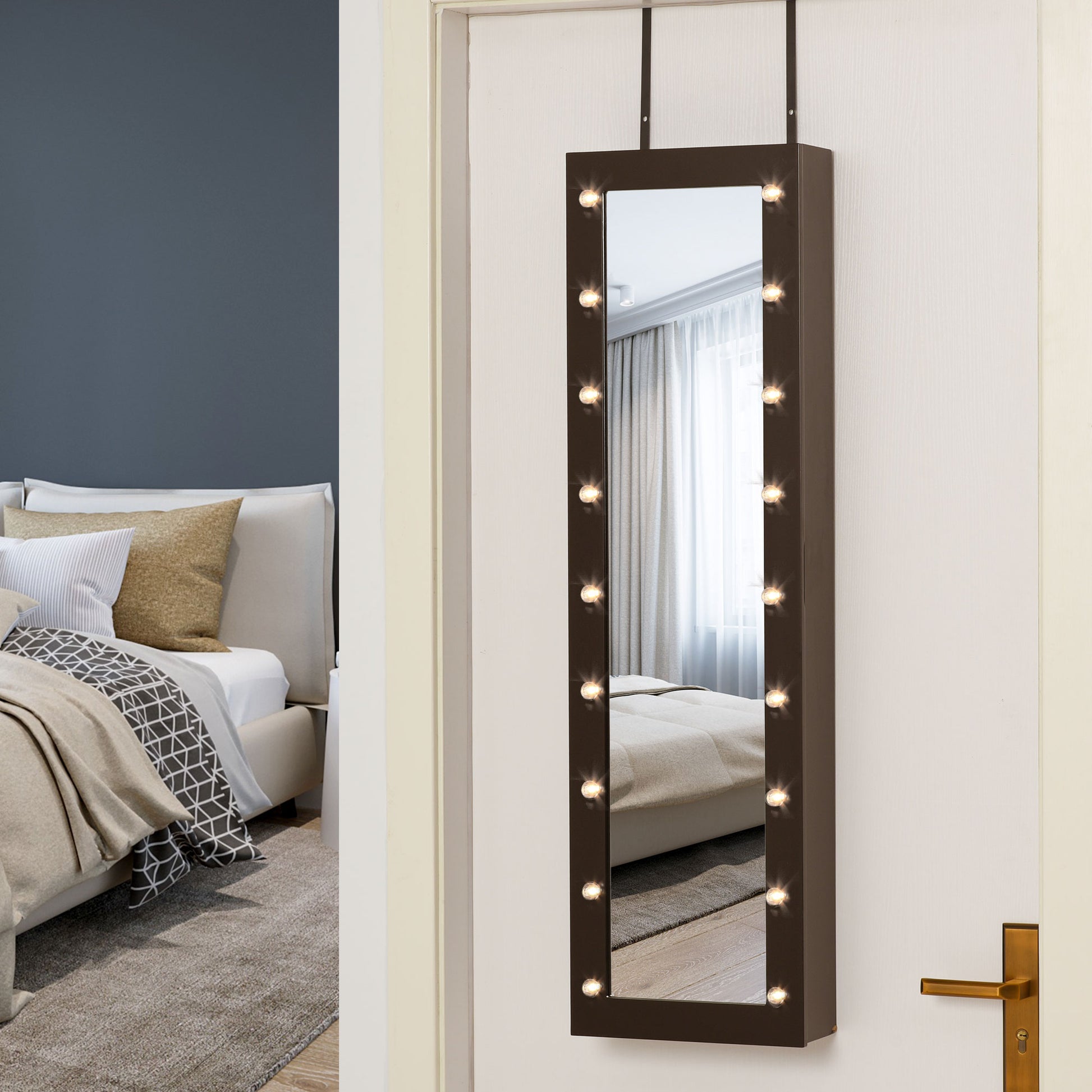 Jewelry Armoire With Mirror And 18 Led Lights, Wall Mounted Over The Door Cabinet With 3 Mountable Heights, Dark Walnut Brown Mdf