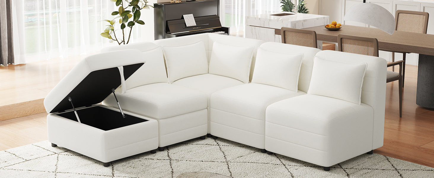 Free Combined Sectional Sofa 5 Seater Modular Couches With Storage Ottoman, 5 Pillows For Living Room, Bedroom, Office, Cream Cream Foam Chenille