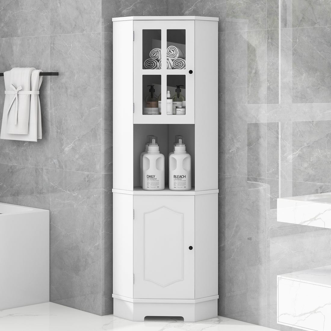 Tall Bathroom Storage Cabinet, Corner Cabinet with white-mdf