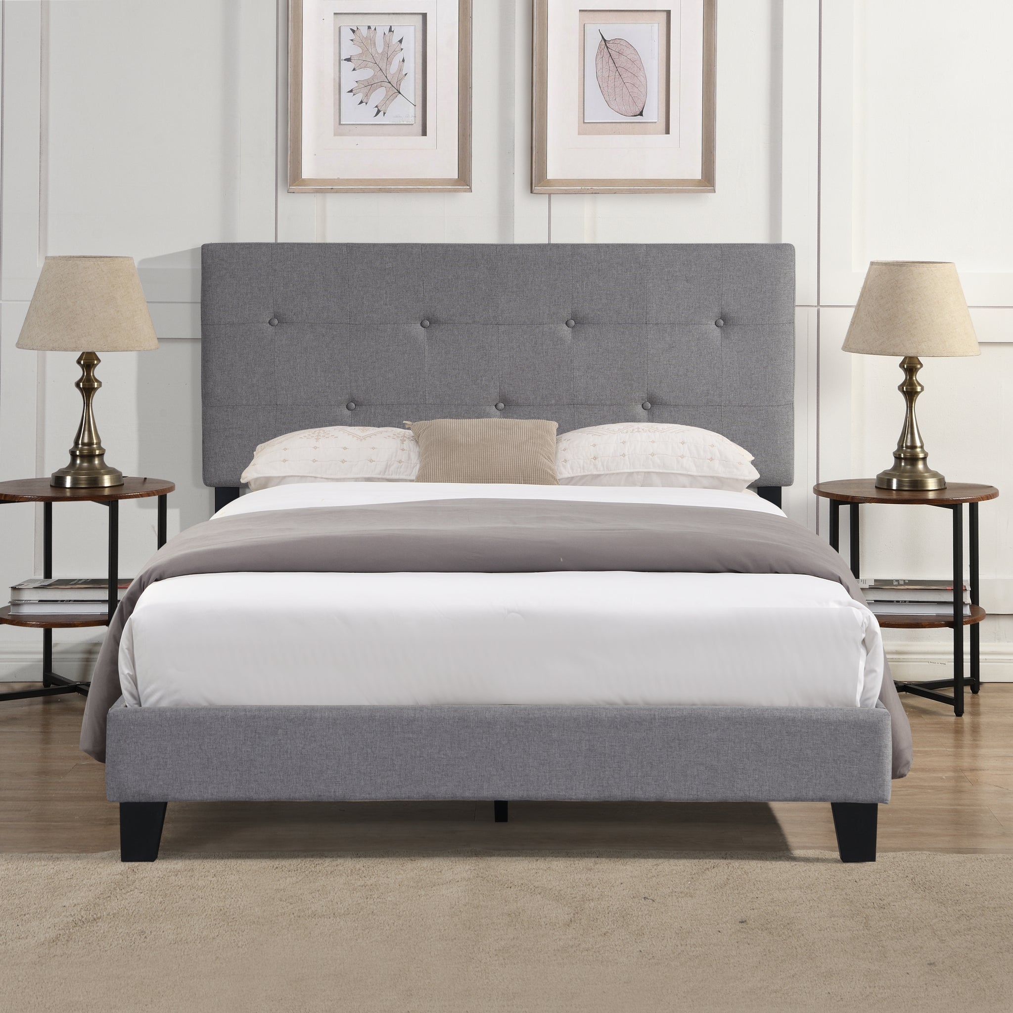 Queen Size Upholstered Platform Bed Frame with Button gray-linen