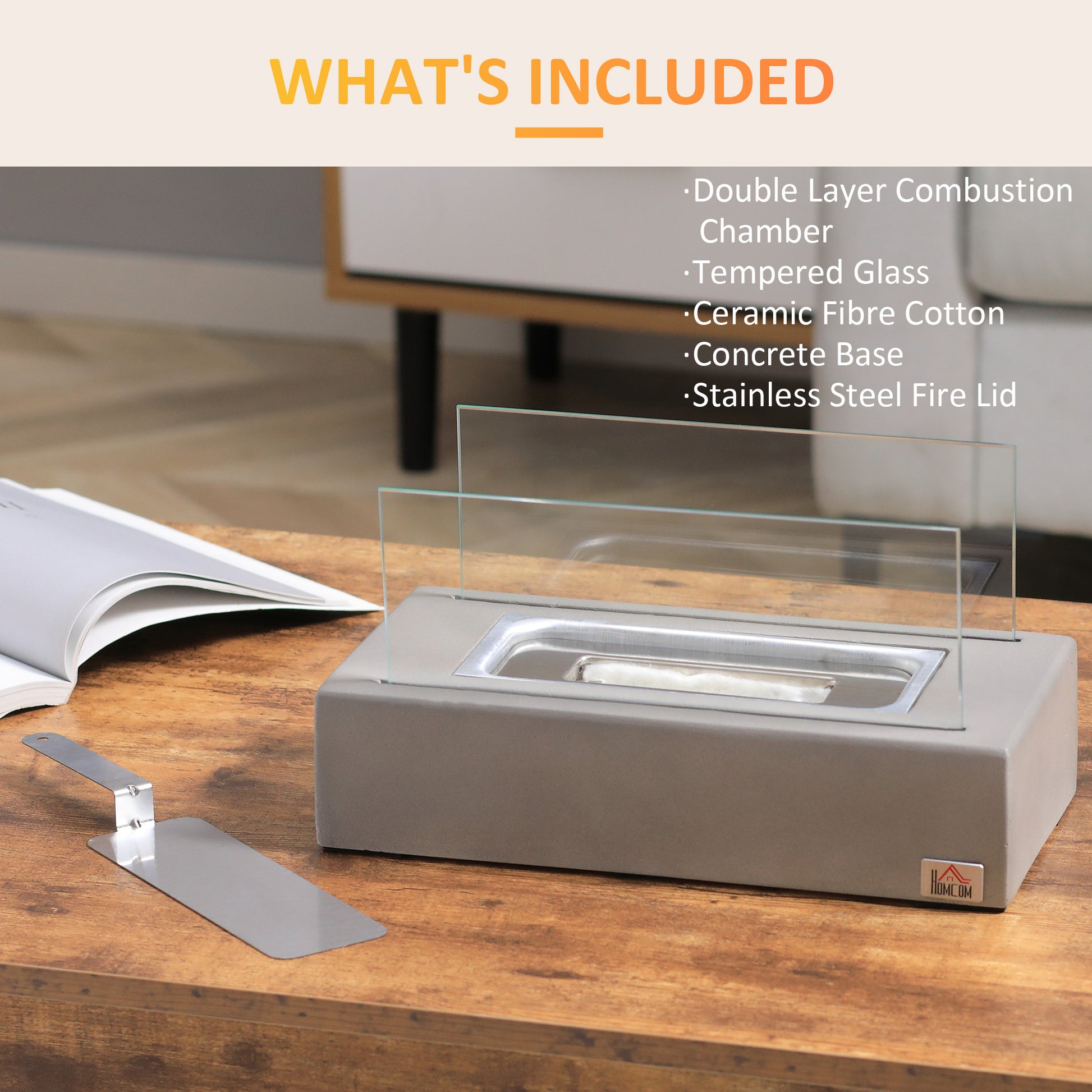 Tabletop Fireplace, 13" Concrete Alcohol Fireplace With Stainless Steel Lid For Indoor And Outdoor, 0.04 Gal Max 195 Sq. Ft., Light Grey Light Grey Concrete