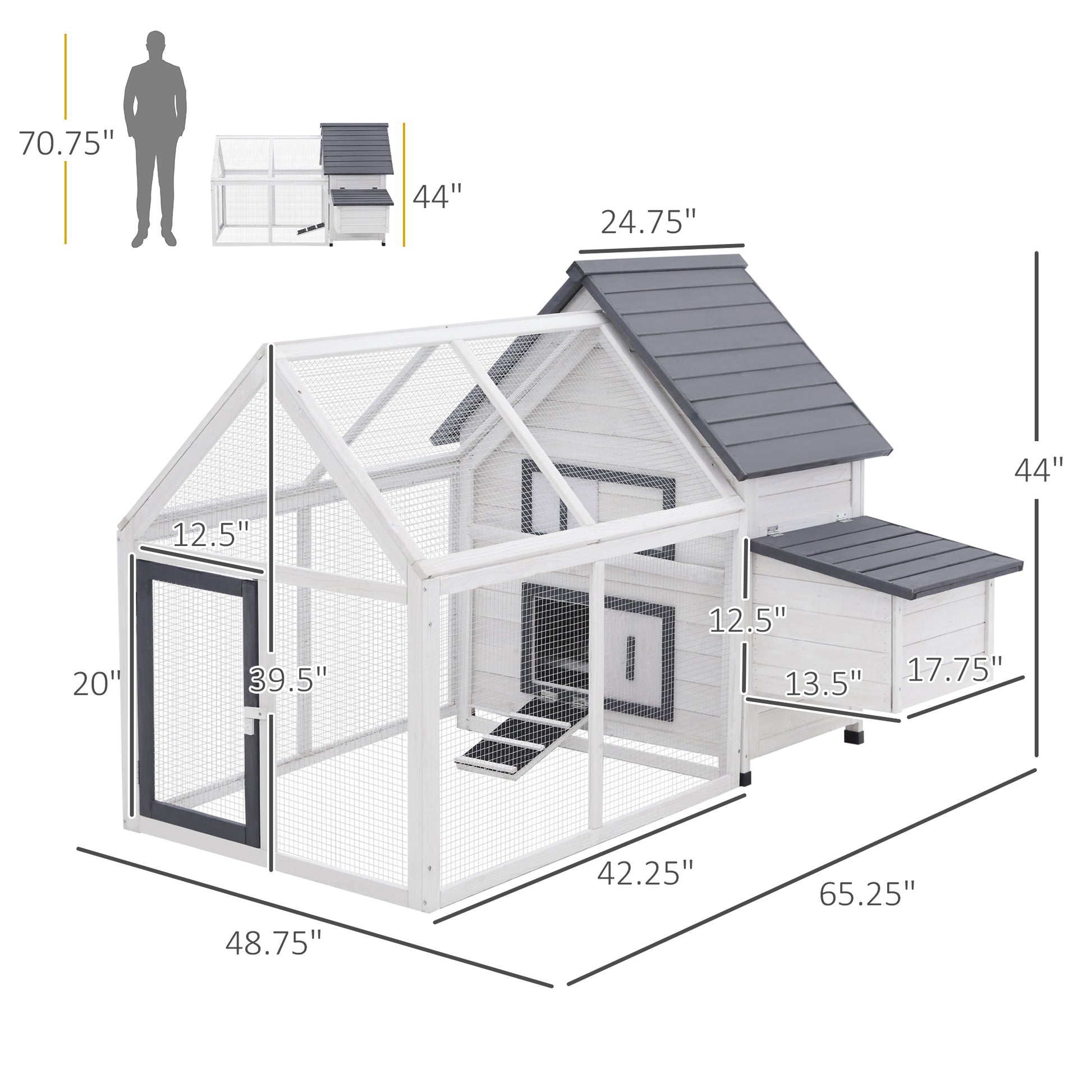 65" Chicken Coop Wooden With Detachable Run, Outdoor Chicken House Poultry Cage Hen With Nesting Box, Removable Tray, Roosting Bars, Ramp, For Garden Backyard Gray Wood