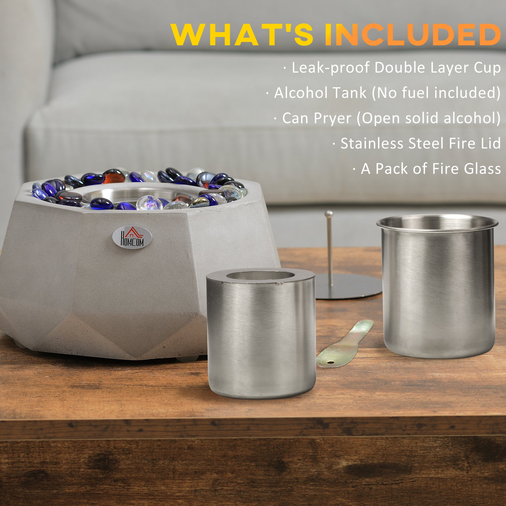 Concrete Tabletop Fireplace, 9" Portable Alcohol Fireplace With Lid For Indoor And Outdoor, 0.1 Gal Max 215 Sq. Ft., Burns Up With Liquid Alcohol And Solid Alcohol, Light Grey Light Grey Concrete