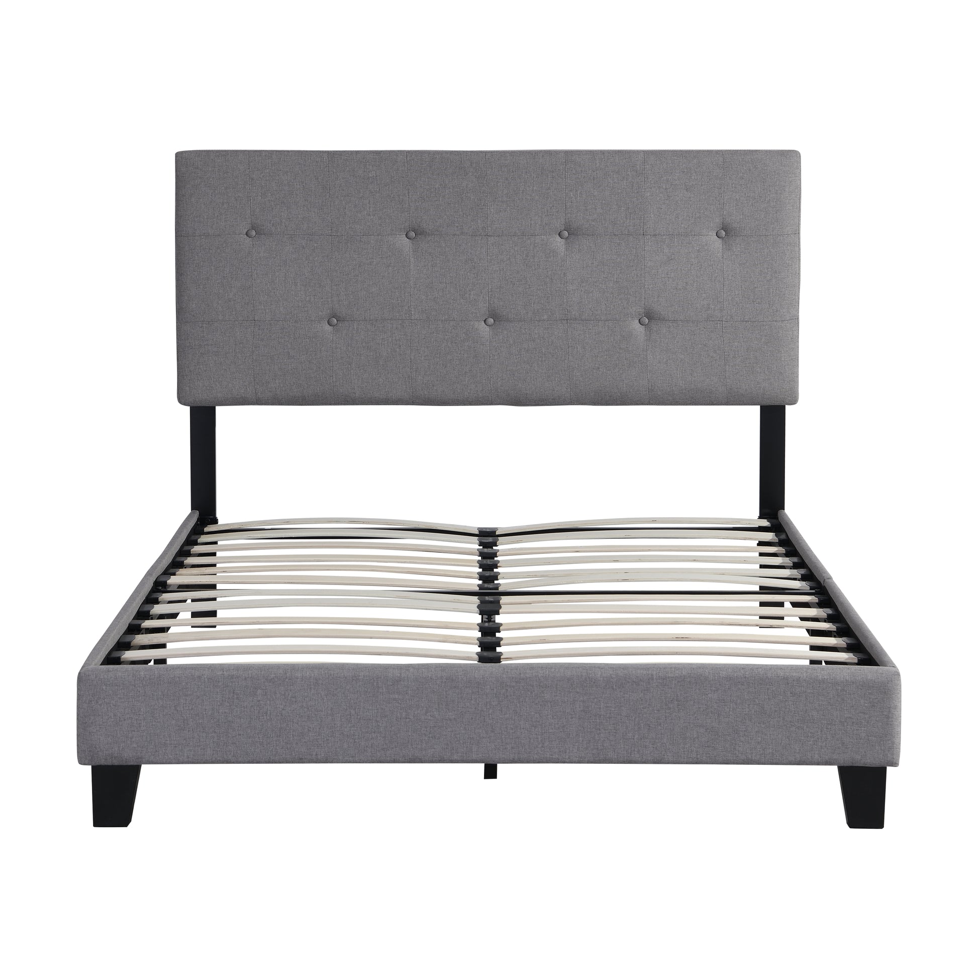 Queen Size Upholstered Platform Bed Frame With Button Tufted Linen Fabric Headboard, No Box Spring Needed, Wood Slat Support, Easy Assembly, Gray Gray Linen