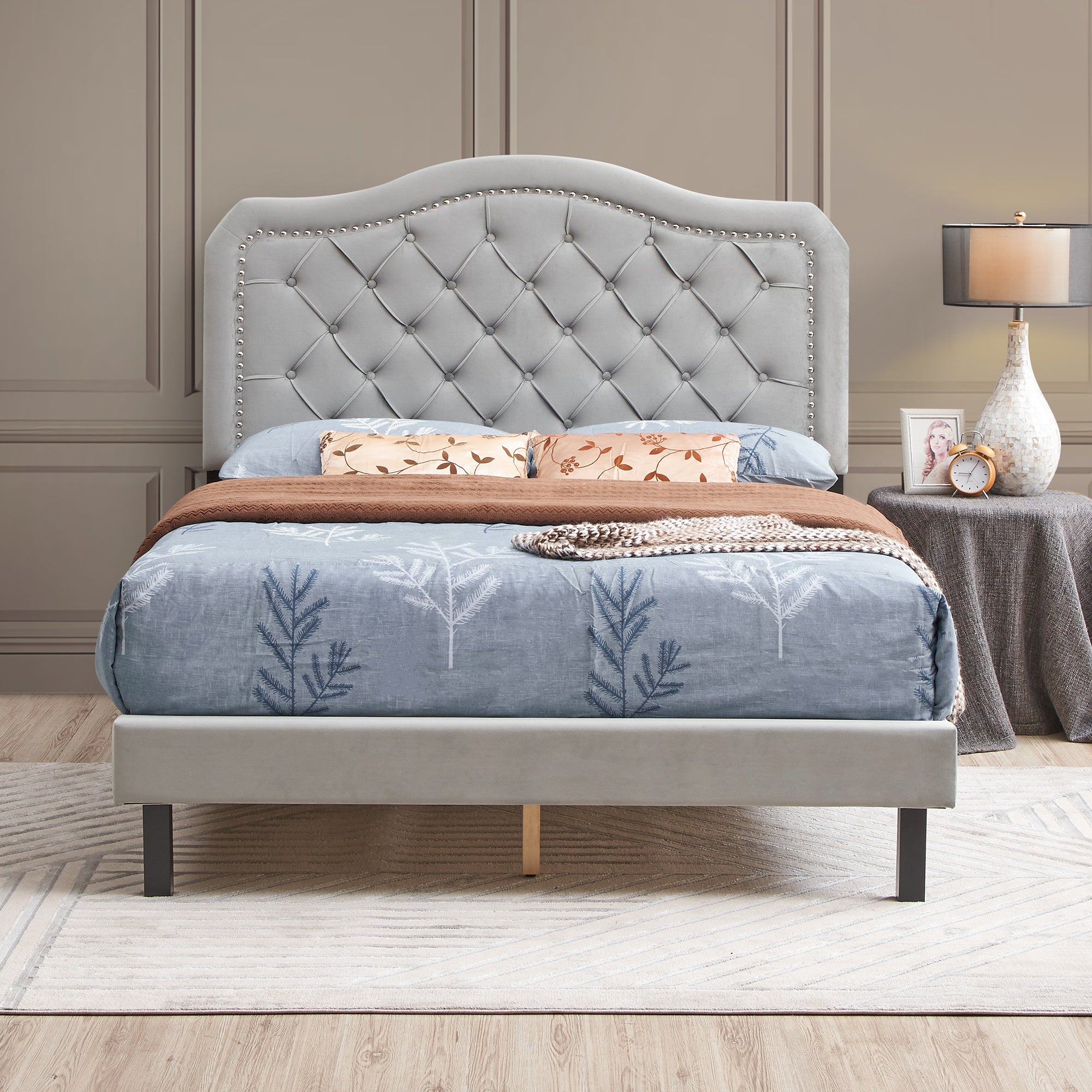 Upholstered Bed Button Tufted with Curve Design Strong gray-velvet