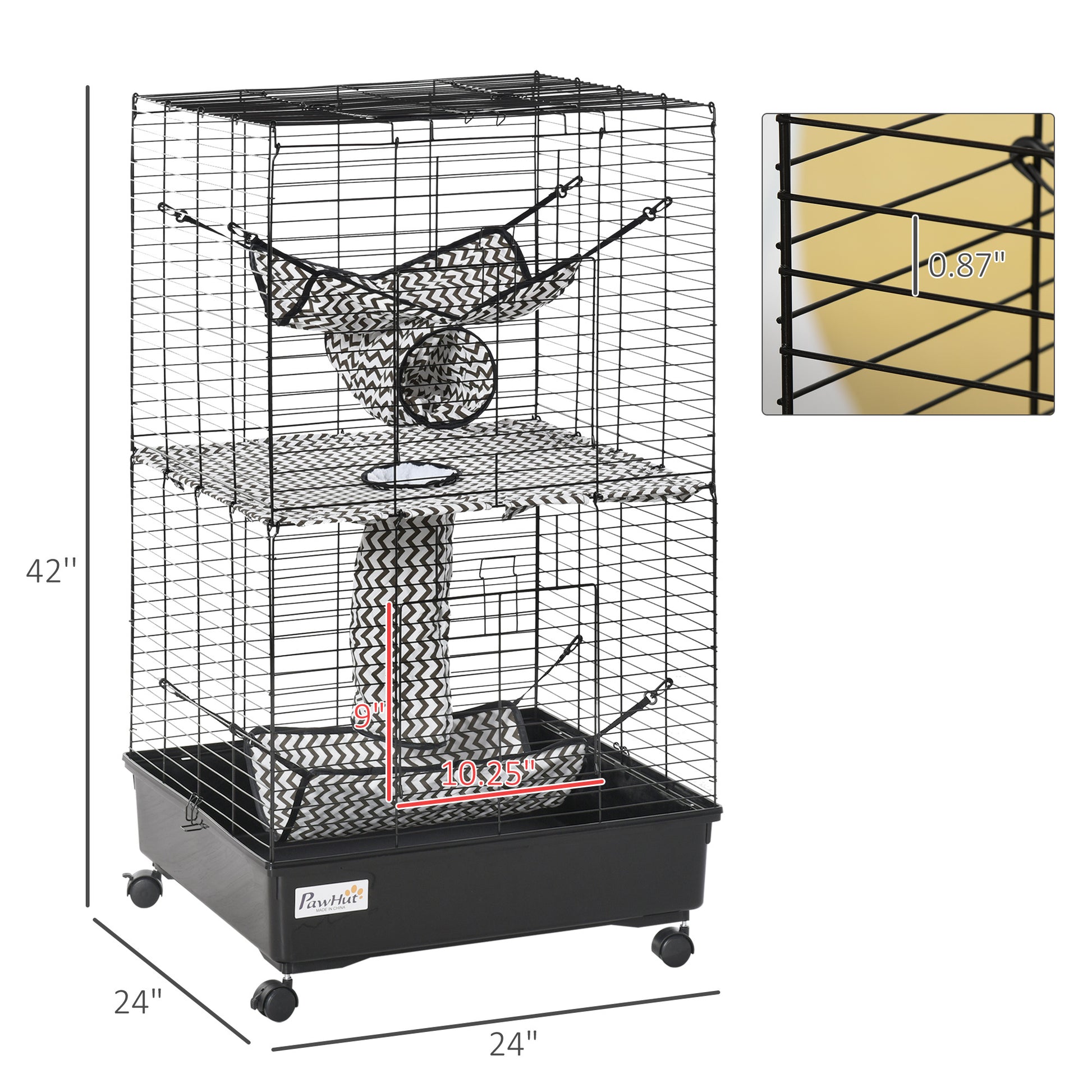 42" Ferret Cage W Wheels Brakes, Hammocks, Black Black Metal