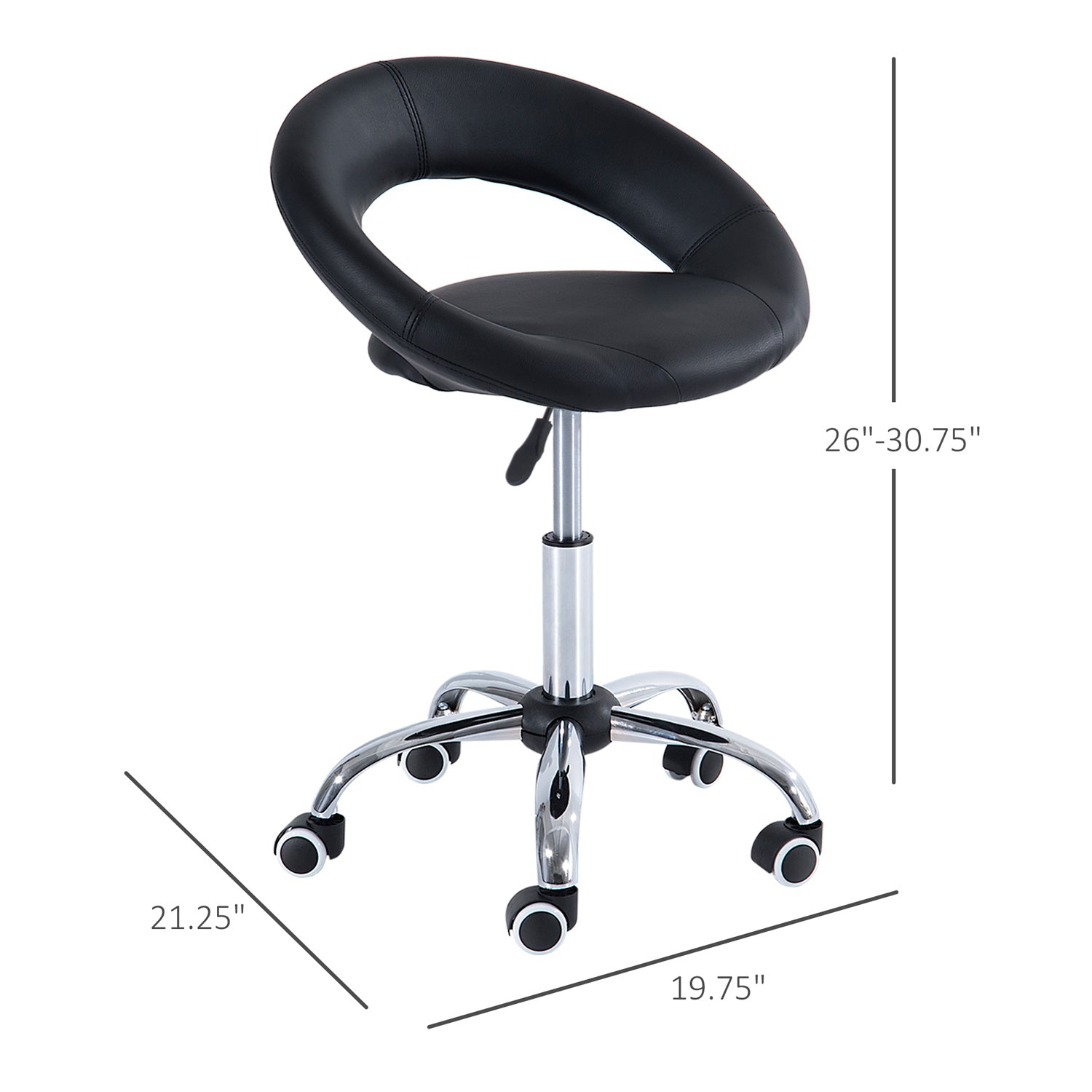 Crescent Rolling Salon Stool With Adjustable Height,Open Back, Foam Cushion Seat, And 5 Caster Wheels, Black Black Faux Leather