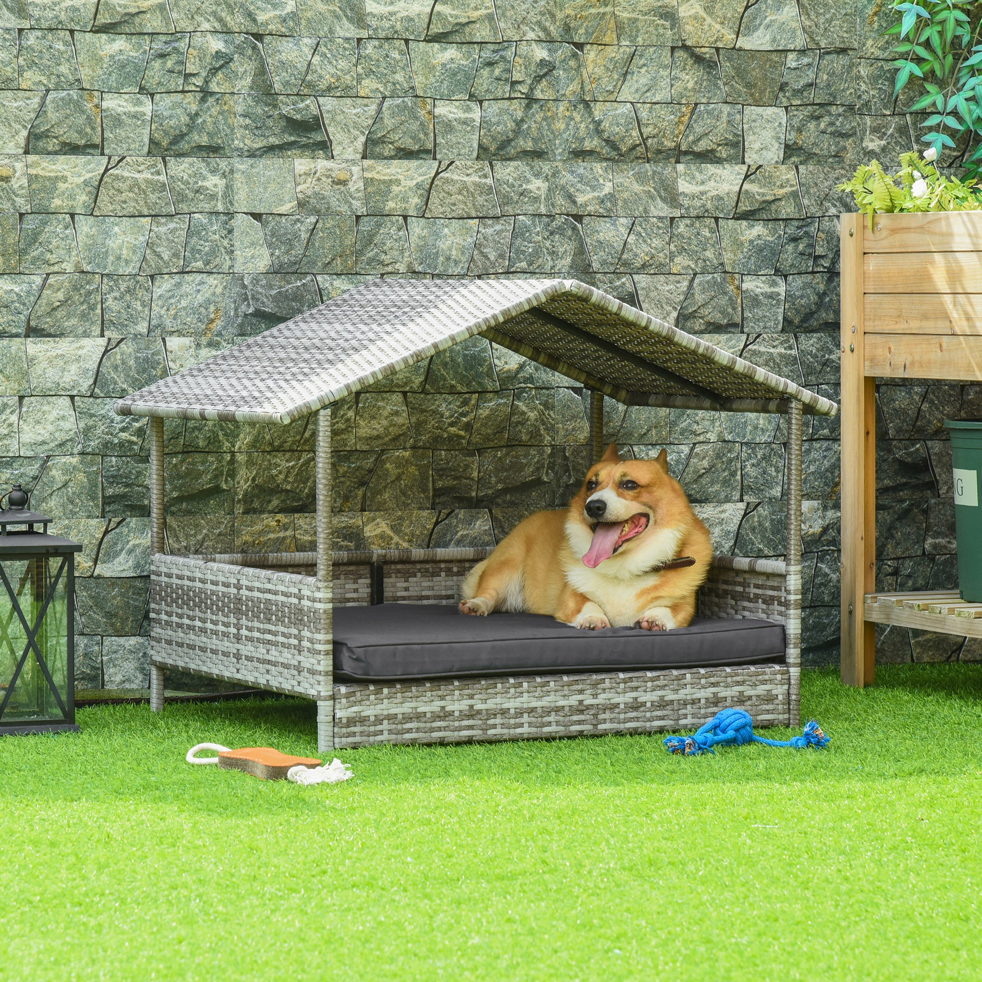 Wicker Dog House Outdoor With Canopy, Rattan Dog Bed With Water Resistant Cushion, For Small And Medium Dogs, Cream White Pe Rattan Iron Waterproof Fabric