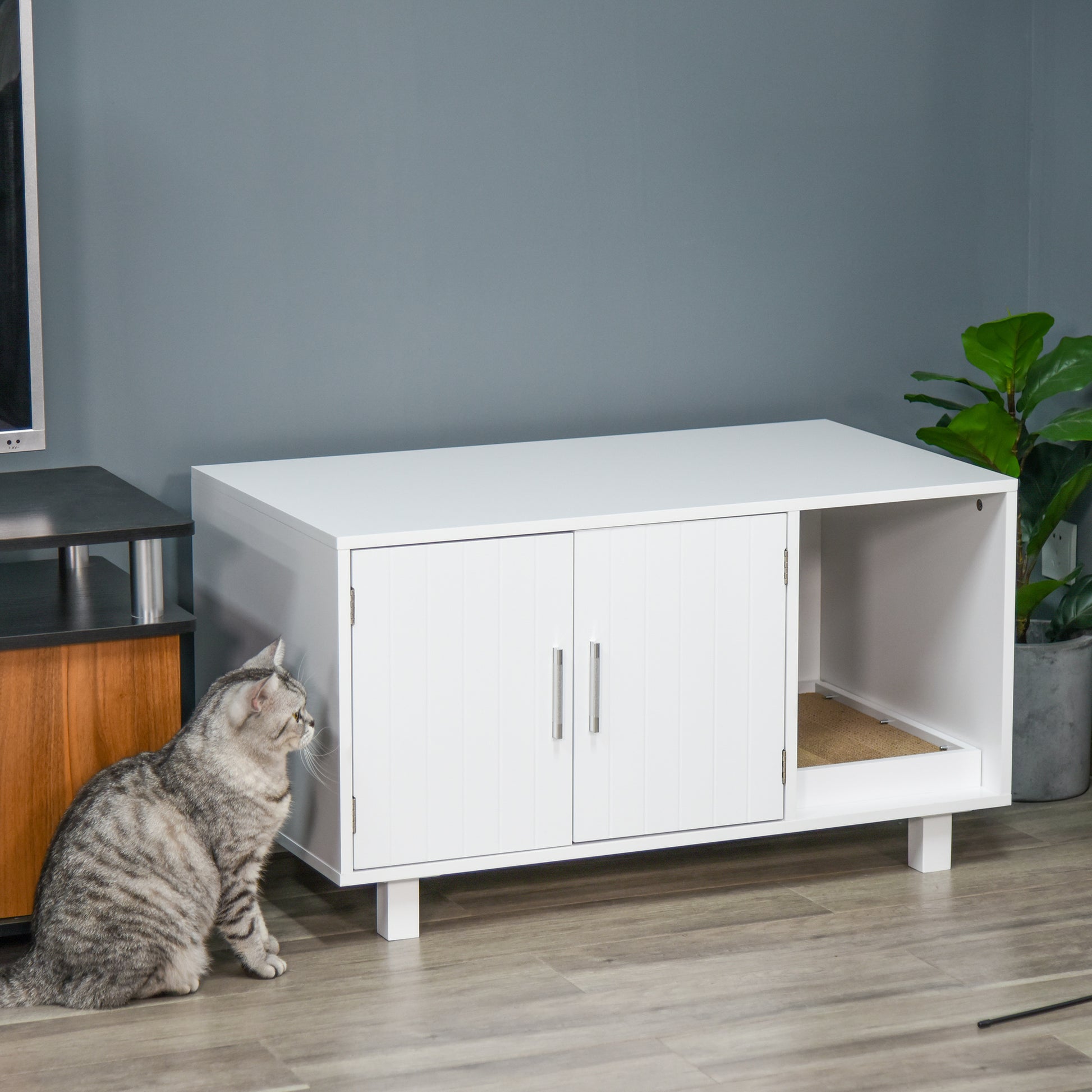 Wooden Cat Litter Box Enclosure & House, Kitty Hidden Washroom, With End Table Design, Scratcher, & Magnetic Doors, White White Mdf