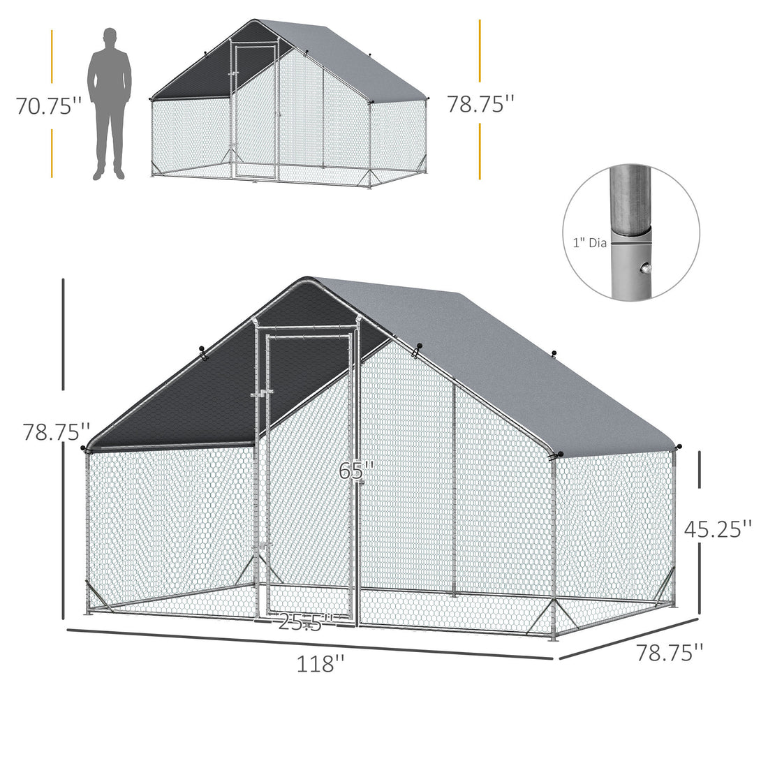 Metal Chicken Coop Run With Cover, Walk In Outdoor Poultry Pen For Rabbits, Ducks, Large Hen House For Yard, 10' X 6.5' X 6.5', Silver Silver Zinc