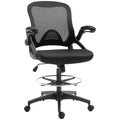 Mesh Drafting Chair, Tall Office Chair With Lumbar Support, Flip Up Armrests, Footrest Ring And Adjustable Seat Height, Black Black Foam