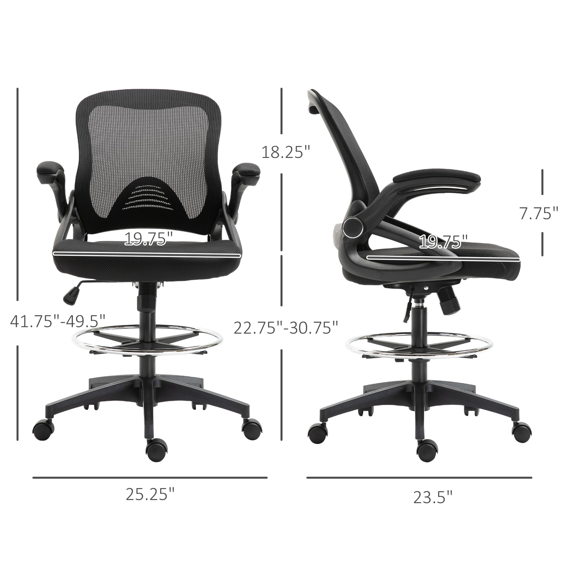 Mesh Drafting Chair, Tall Office Chair With Lumbar Support, Flip Up Armrests, Footrest Ring And Adjustable Seat Height, Black Black Foam